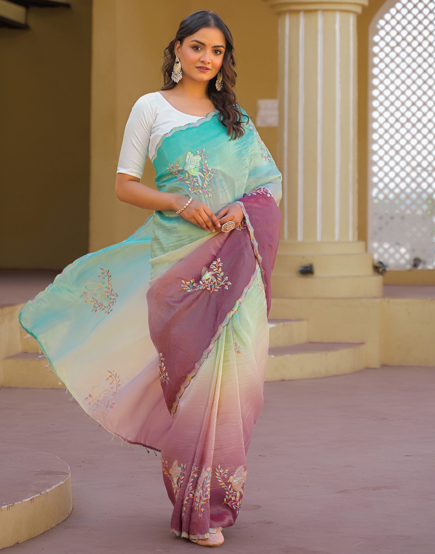 Turquoise Tissue Silk Sequence Embroidery Saree