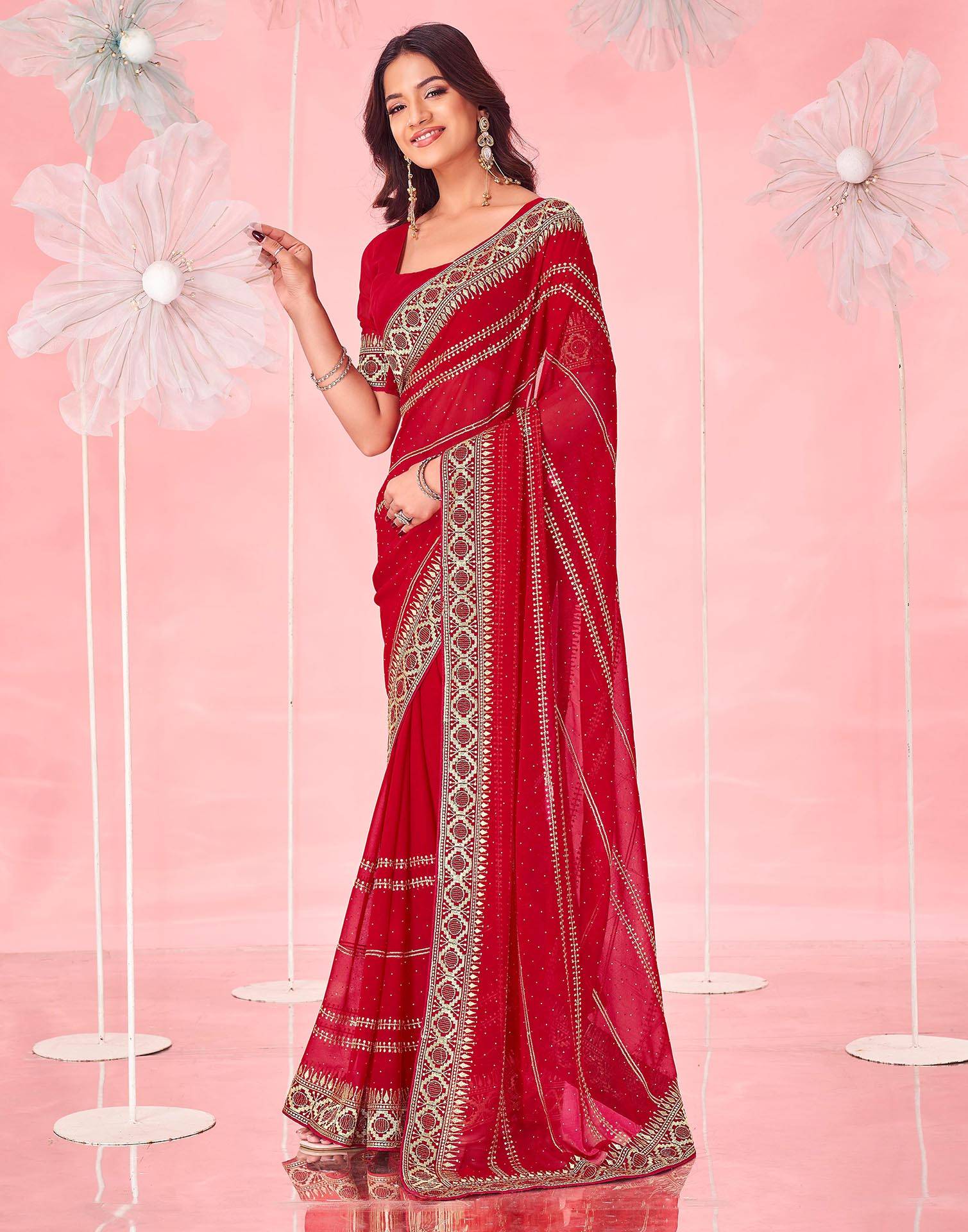 Red Georgette Embroidery Saree
