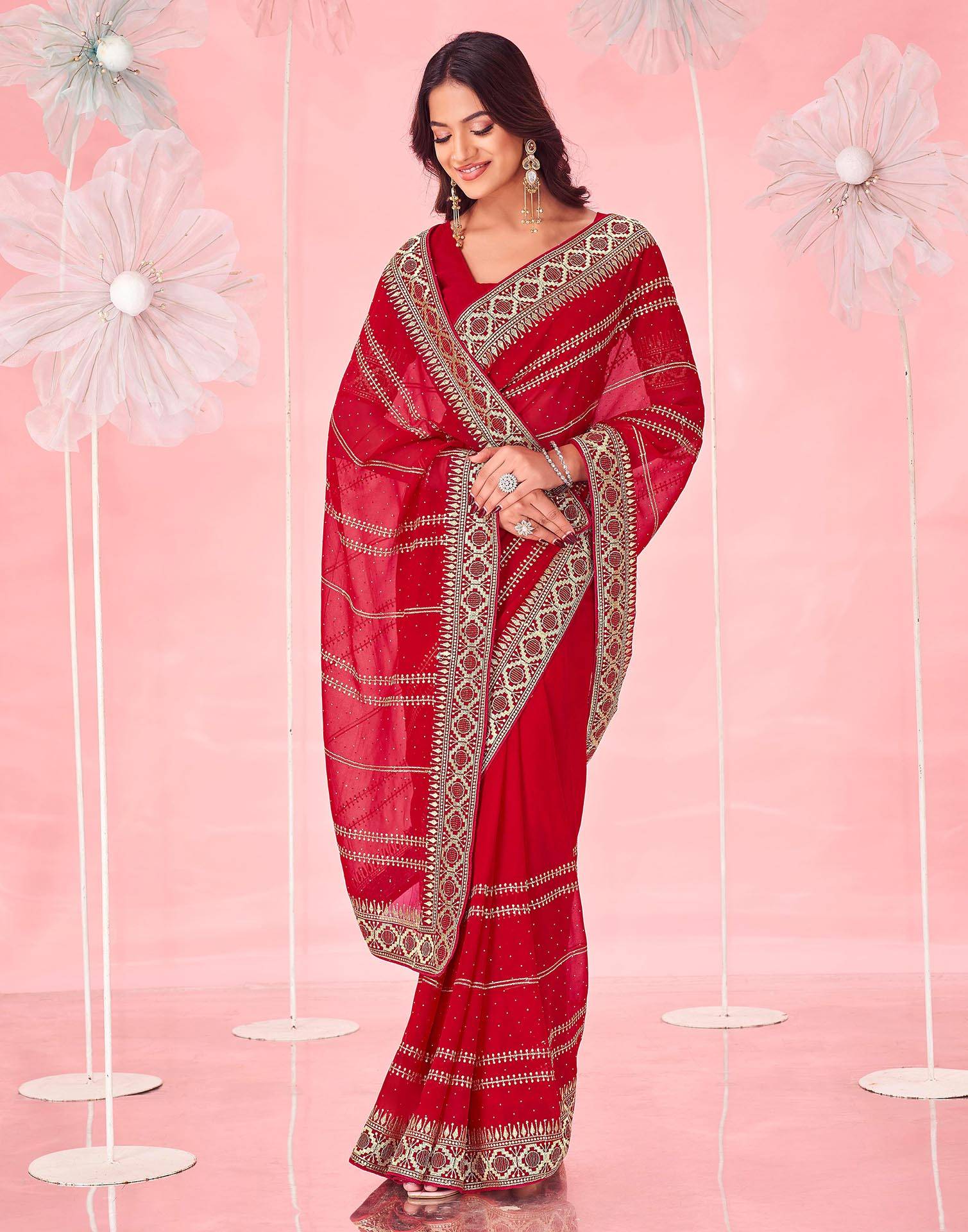 Red Georgette Embroidery Saree