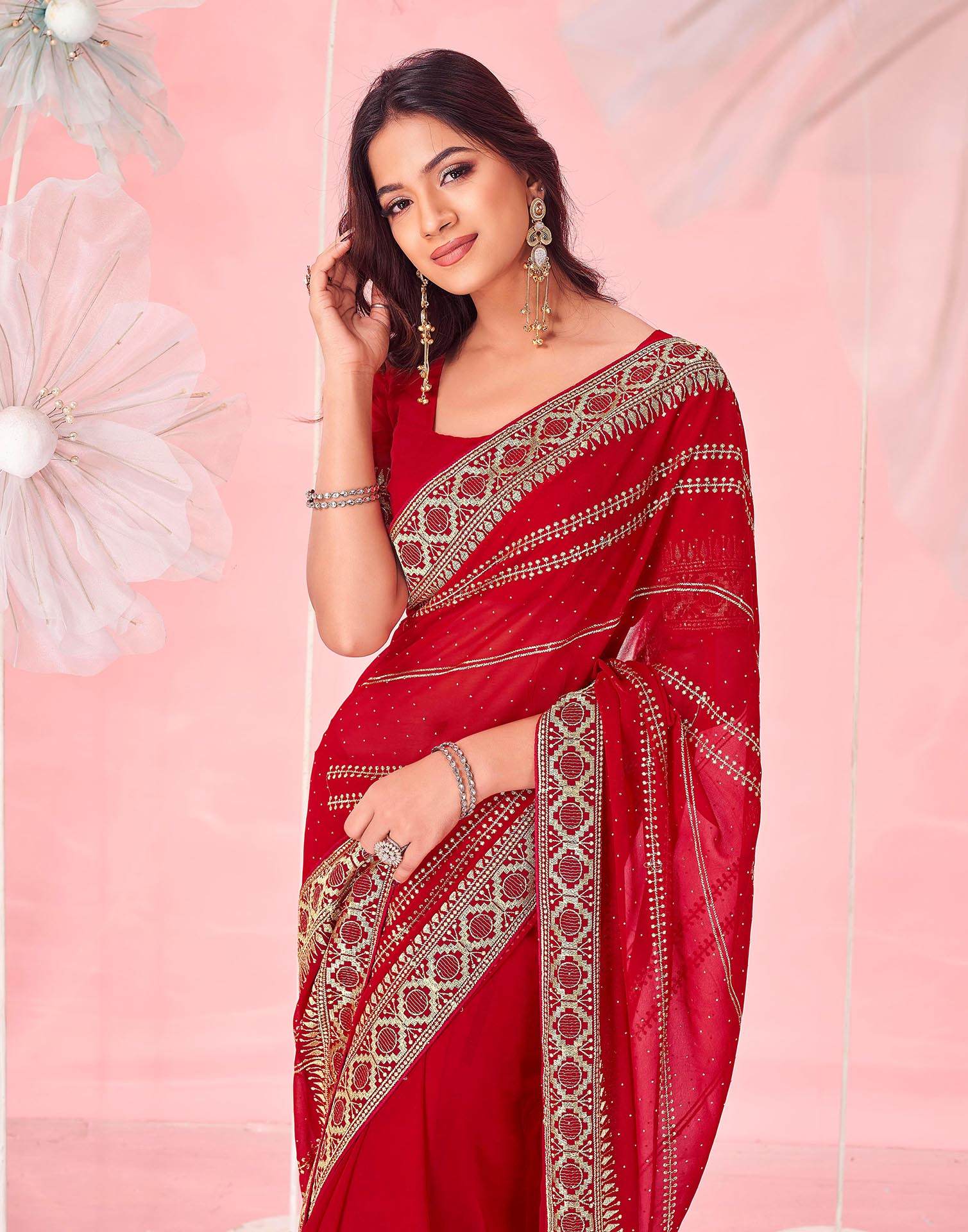 Red Georgette Embroidery Saree