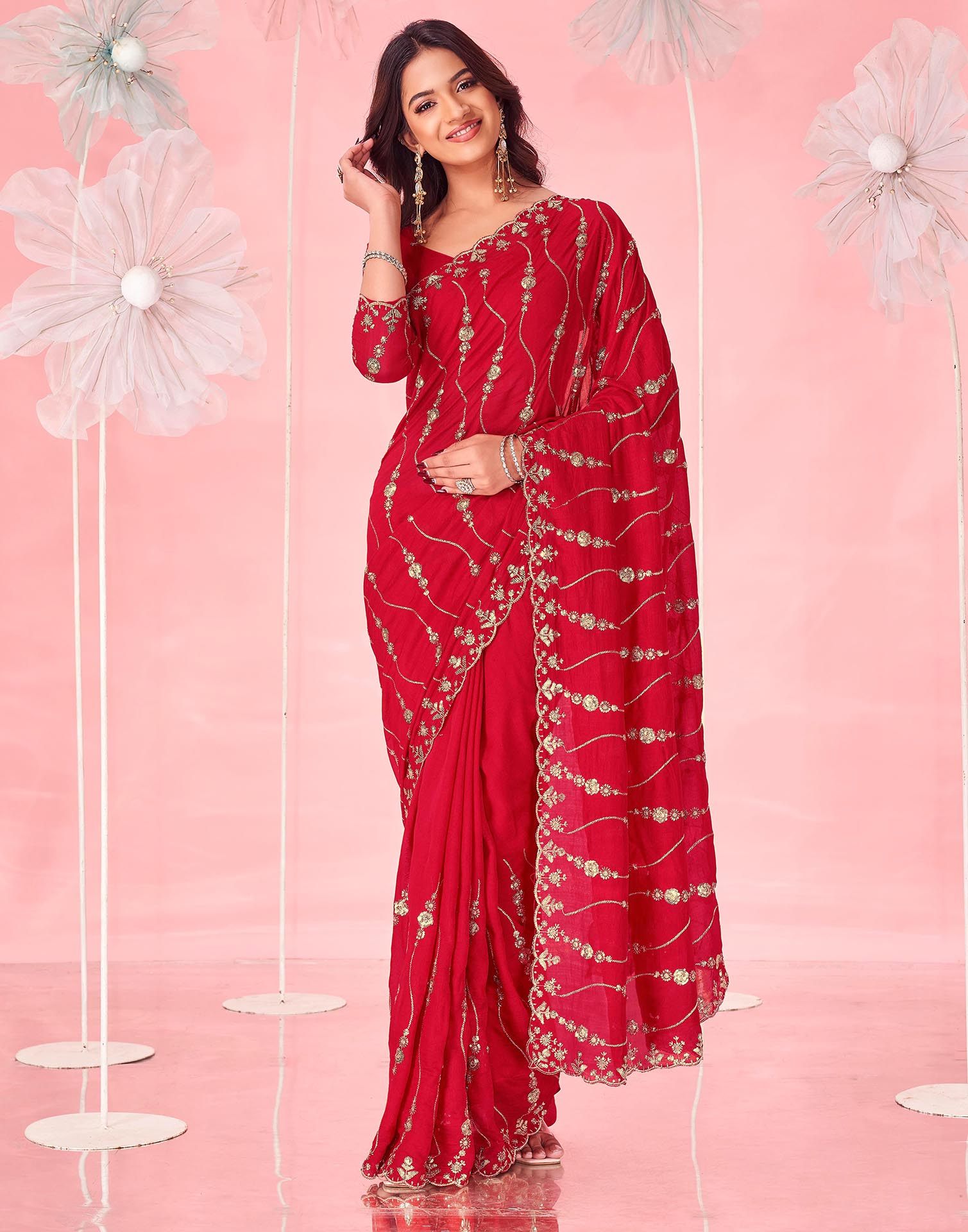 Red Vichitra Silk Sequence Embroidery Saree