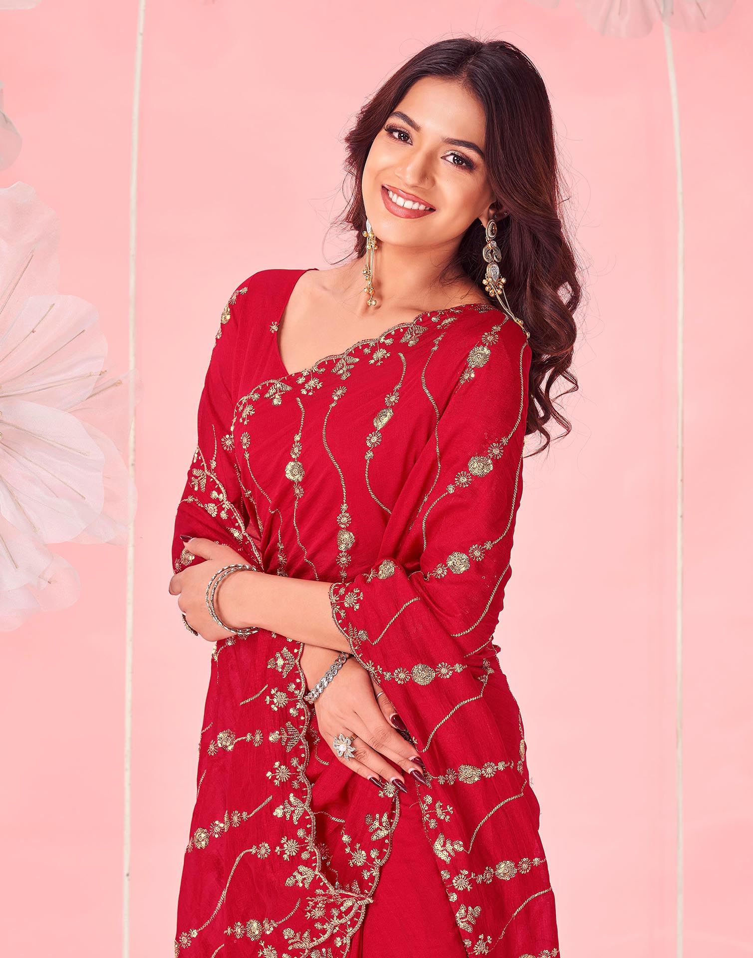 Red Vichitra Silk Sequence Embroidery Saree