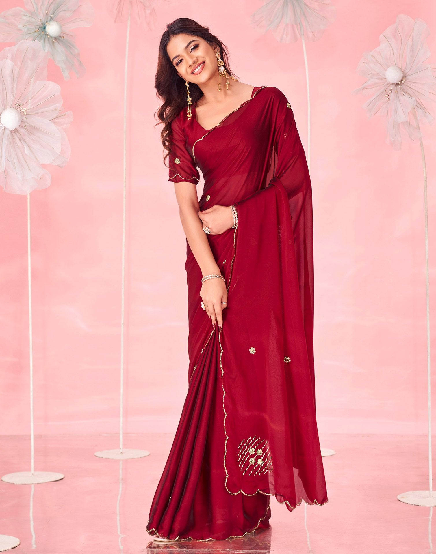 Maroon Silk Hand Work Embellished Saree