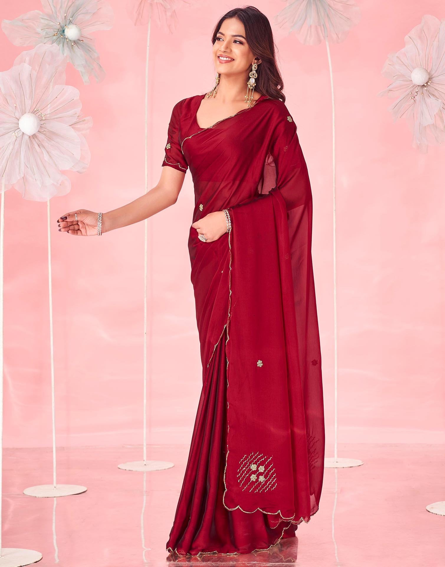 Maroon Silk Hand Work Embellished Saree