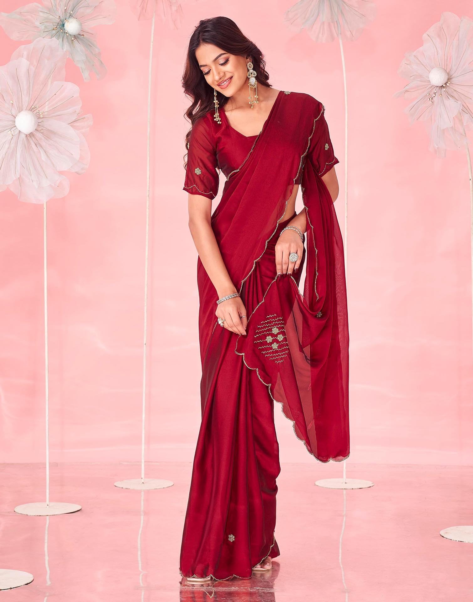 Maroon Silk Hand Work Embellished Saree
