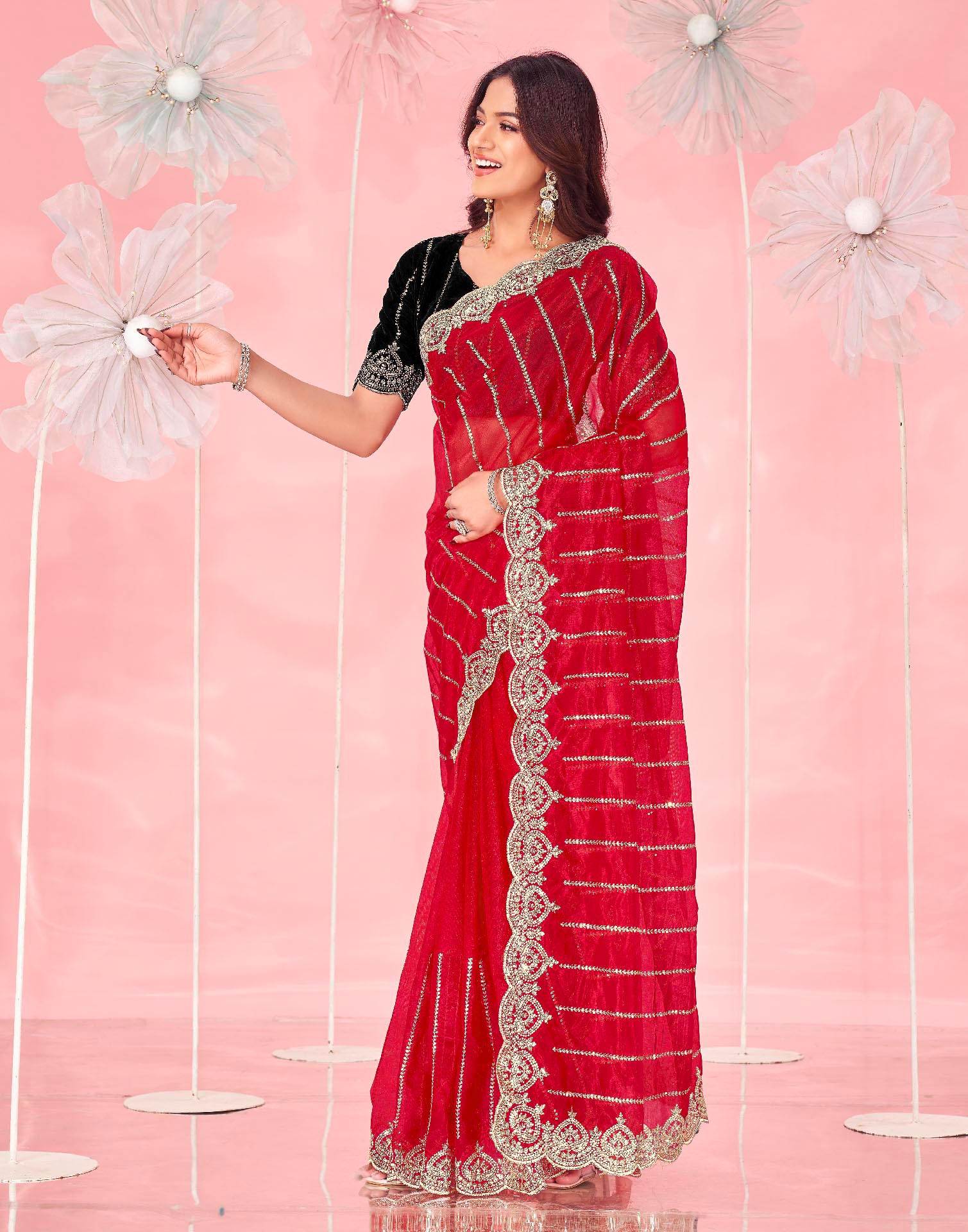 Red Net Sequence Embroidery Saree