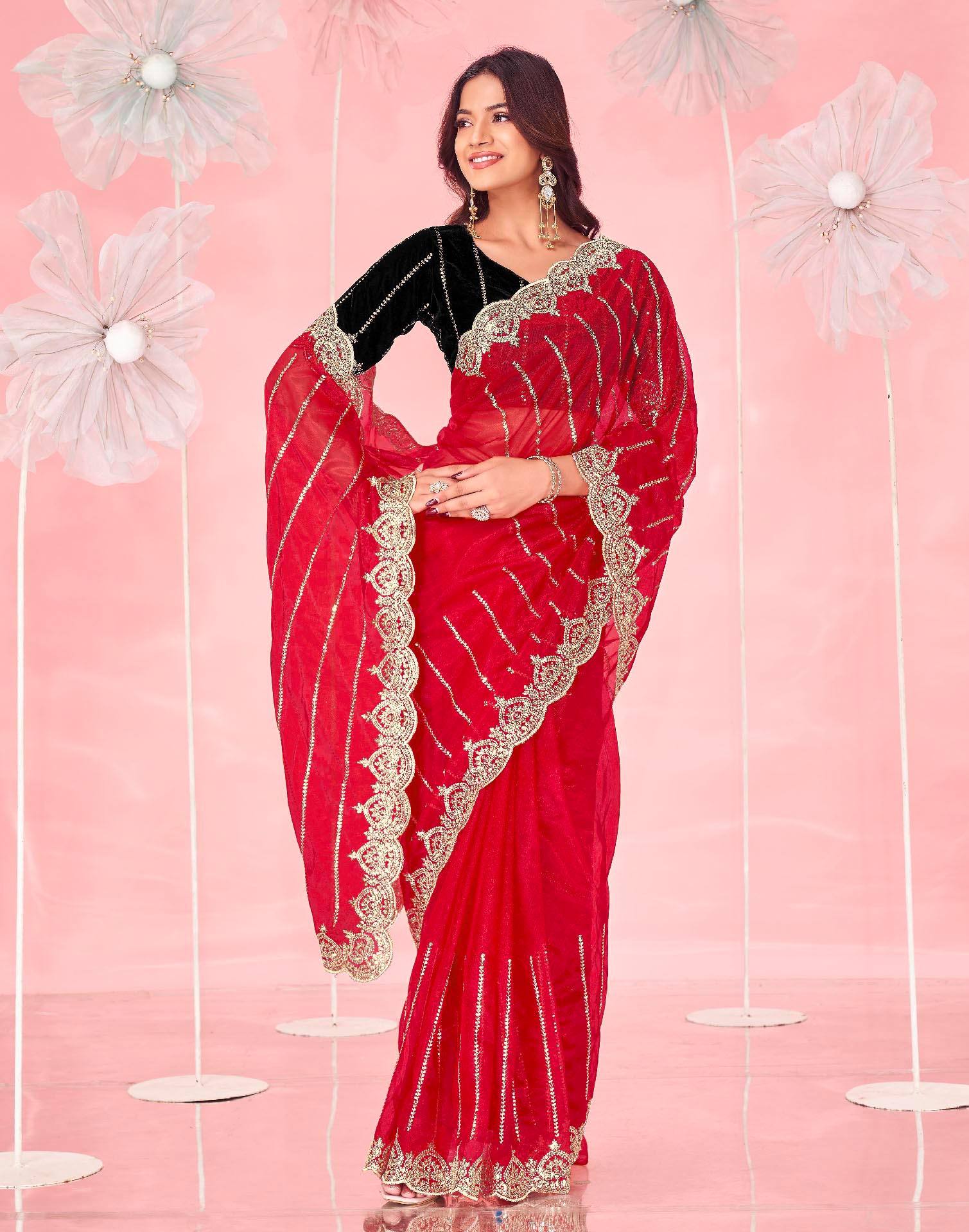 Red Net Sequence Embroidery Saree