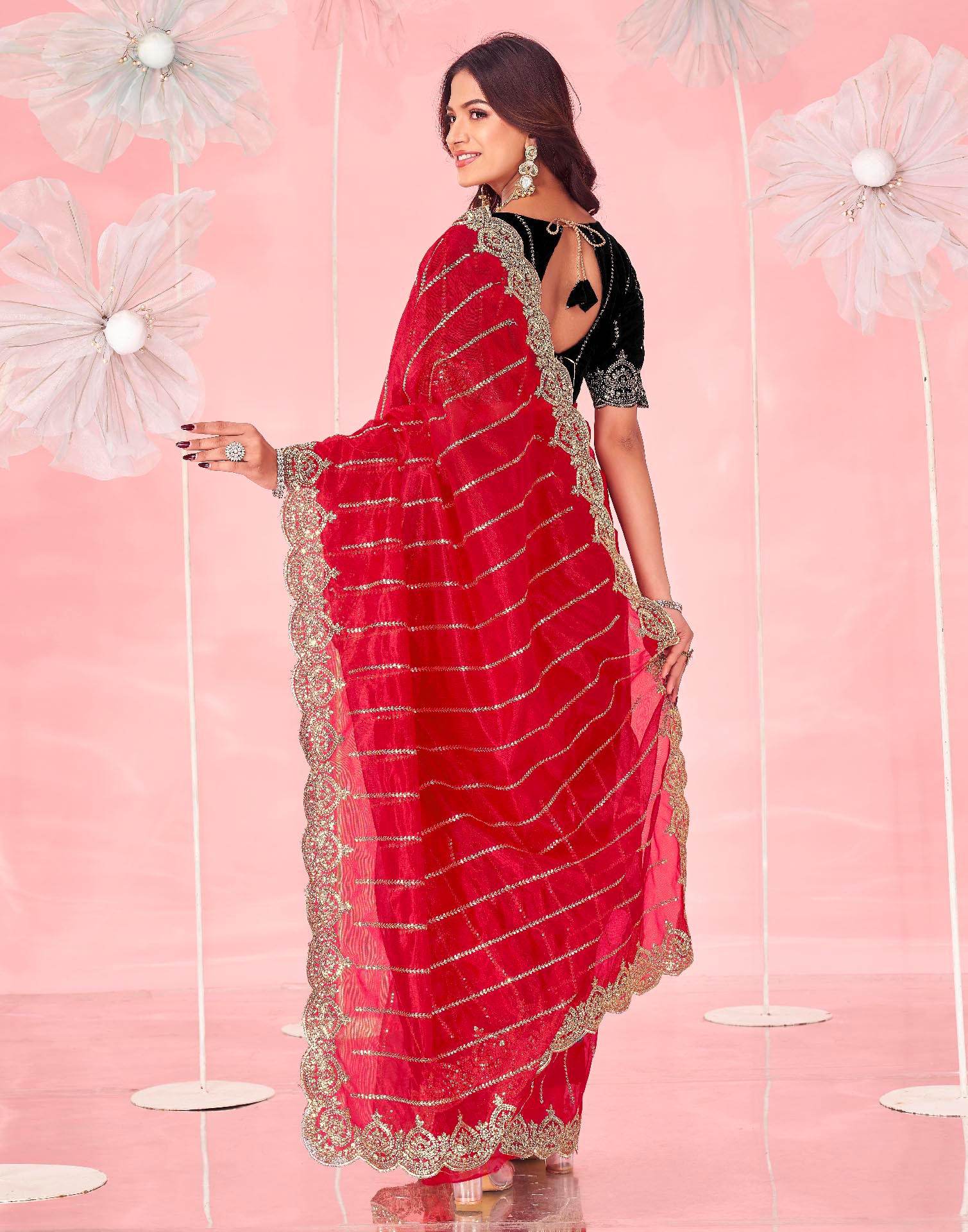 Red Net Sequence Embroidery Saree