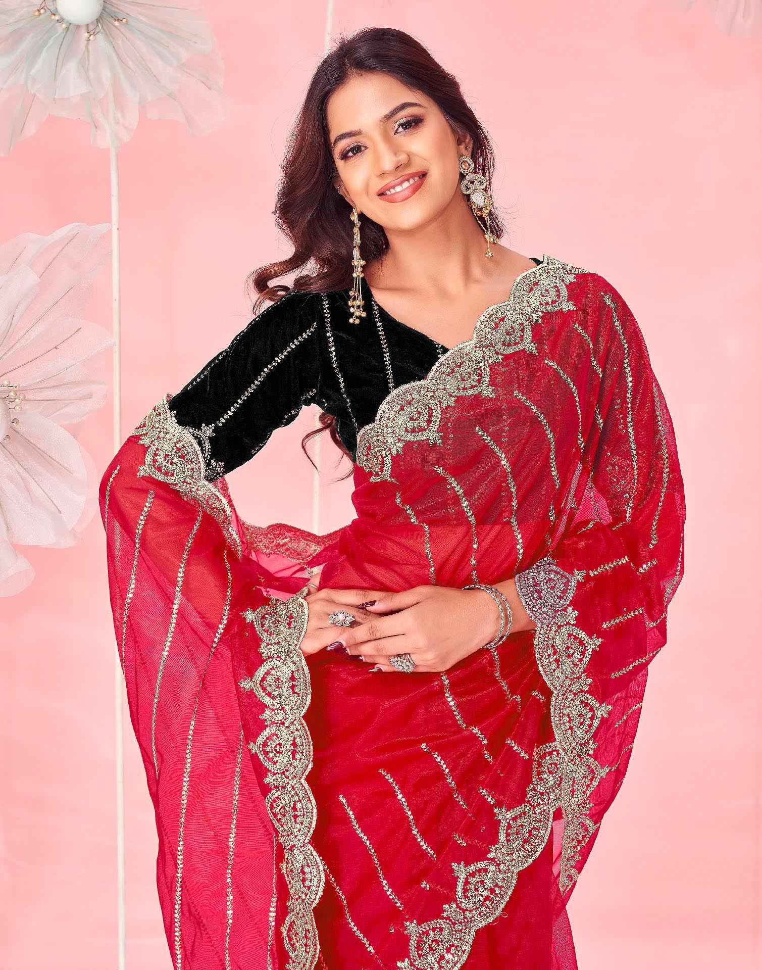 Red Net Sequence Embroidery Saree