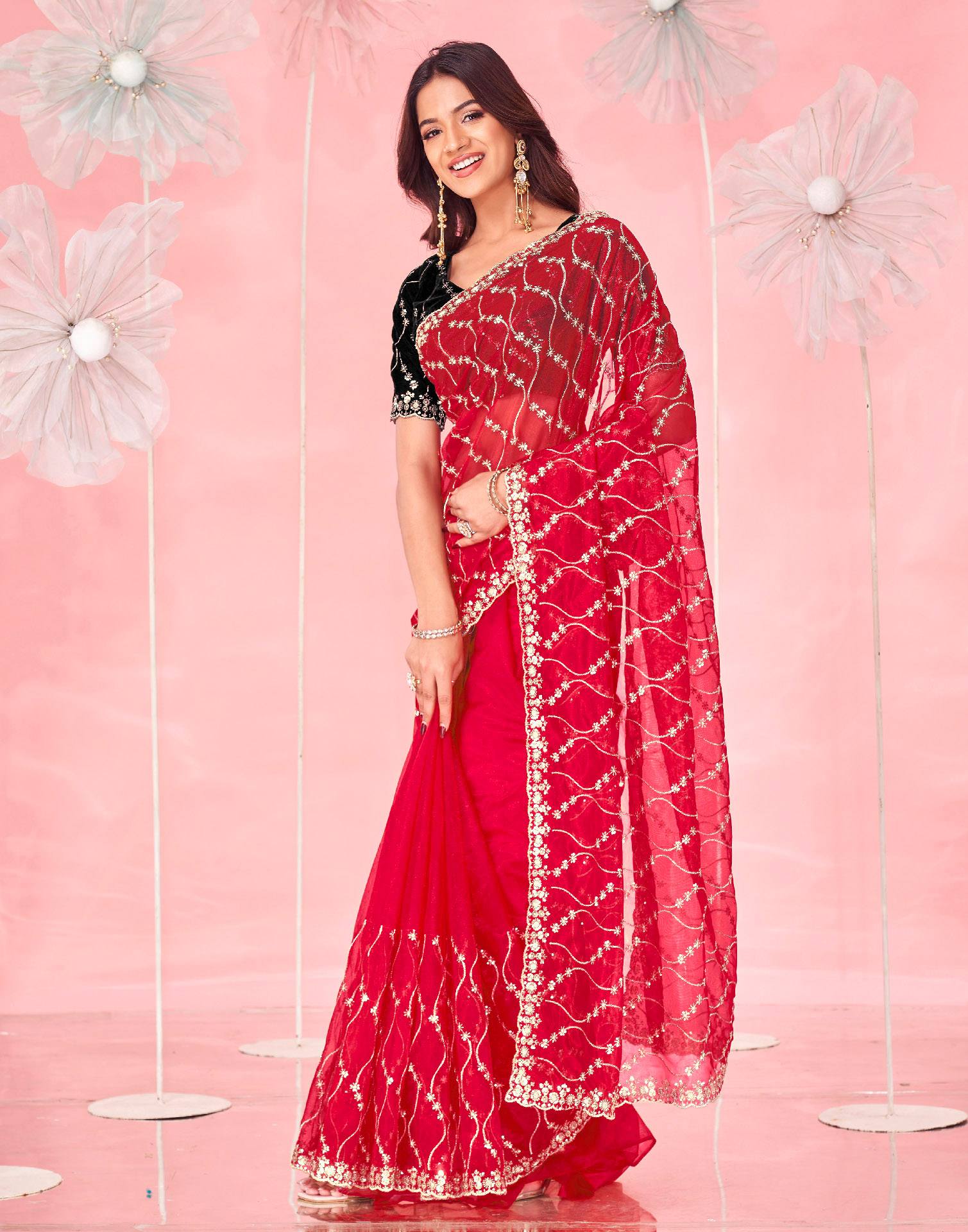 Red Net Sequence Embroidery Saree