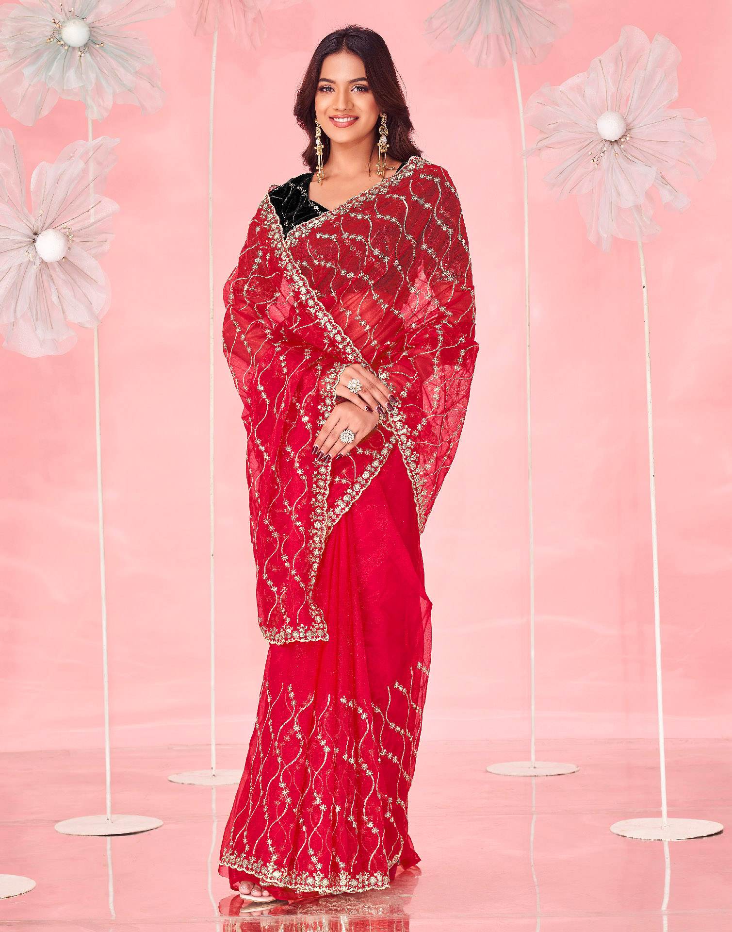 Red Net Sequence Embroidery Saree