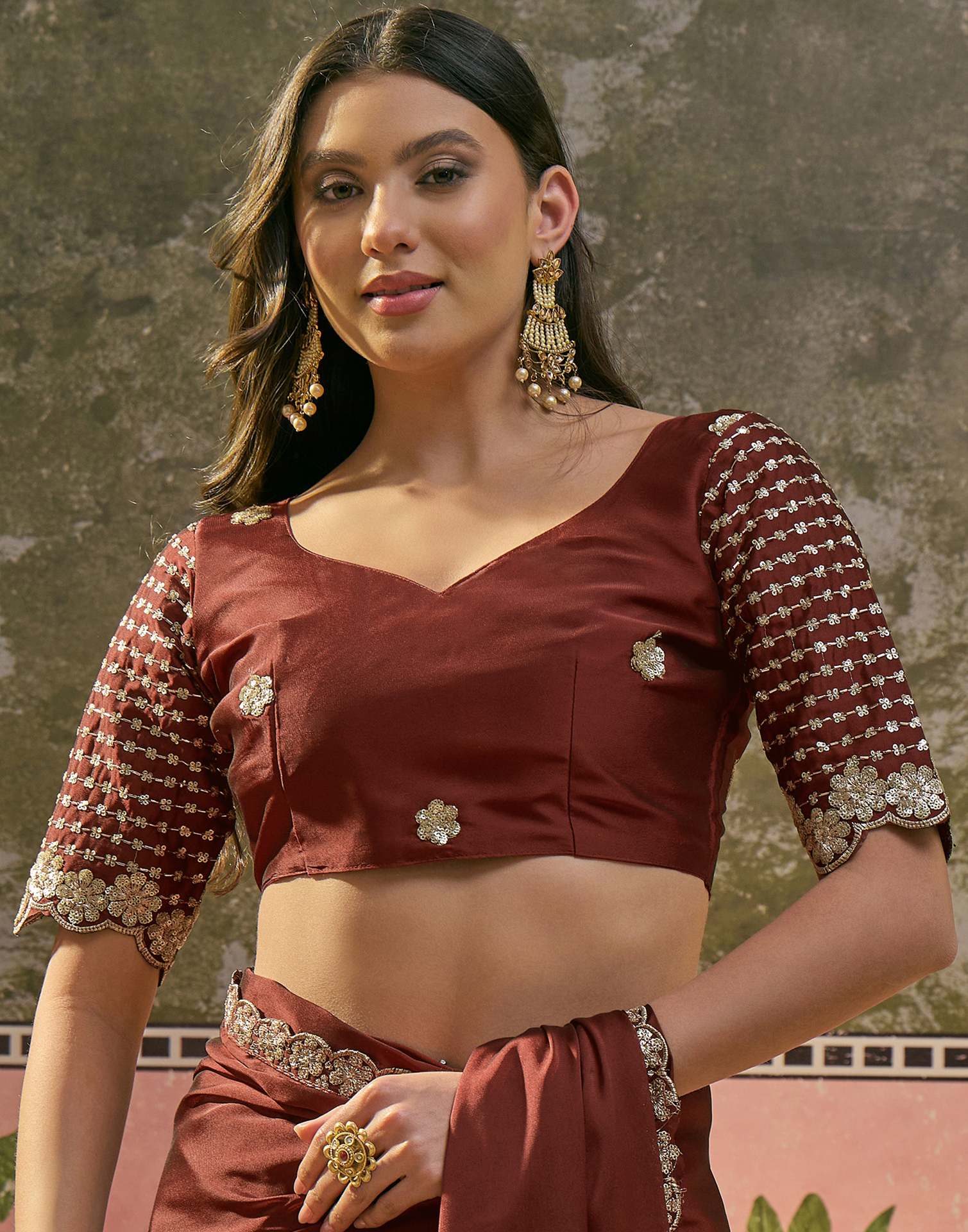Maroon Silk Sequence Embroidery Lace Saree