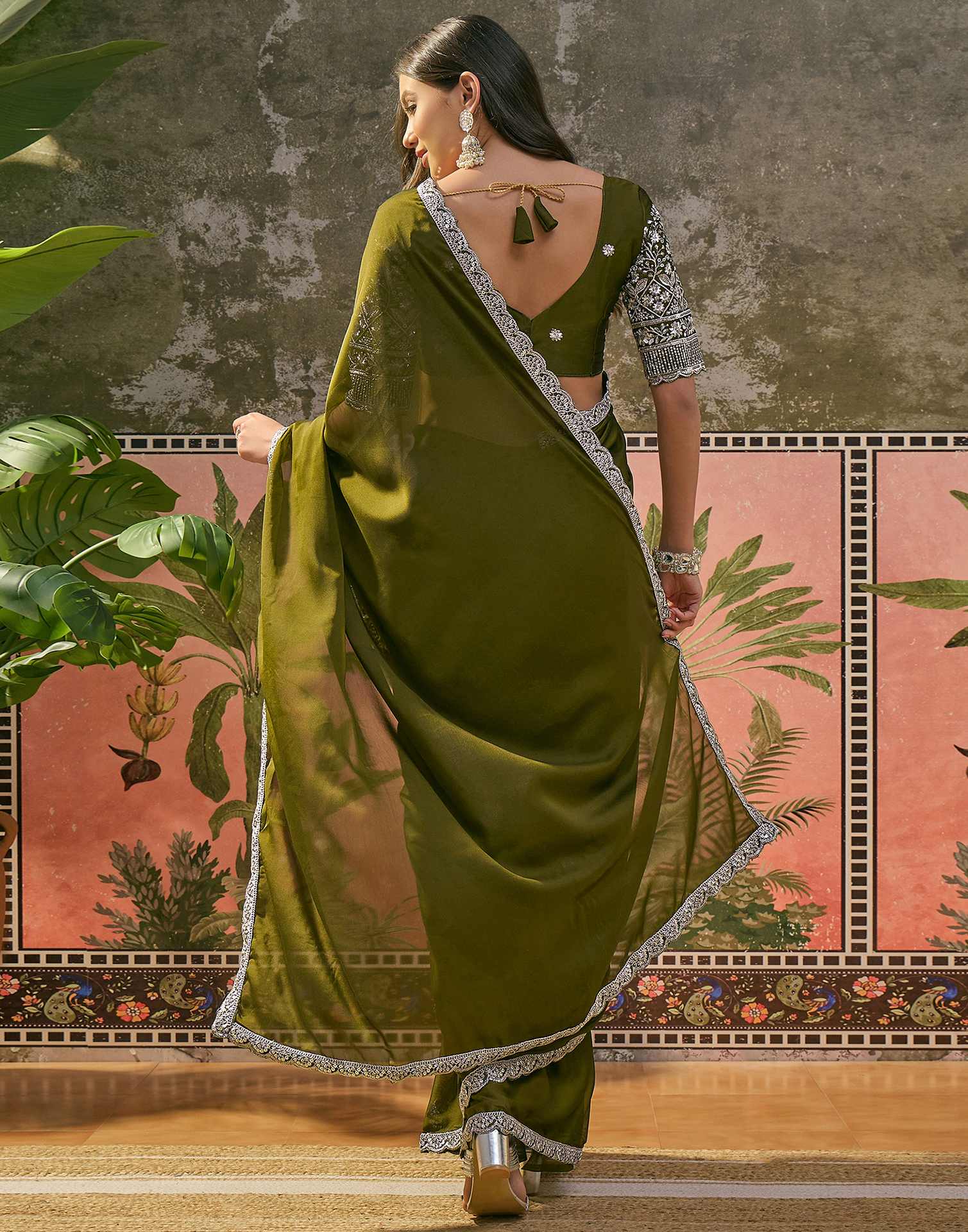 Mehandi Green Silk Sequence Embroidery Lace Saree