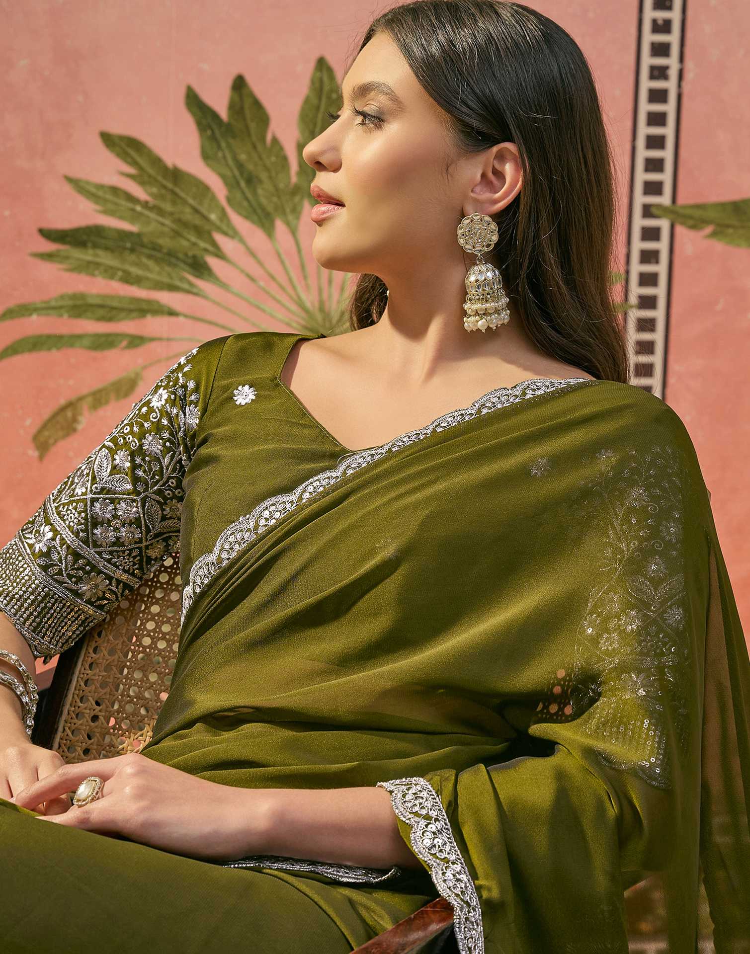 Mehandi Green Silk Sequence Embroidery Lace Saree