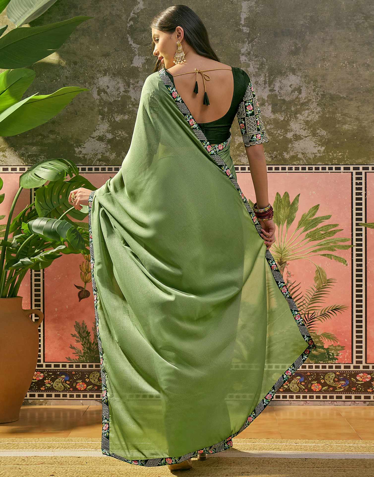 Moss Green Shimmer Embroidery Lace Saree