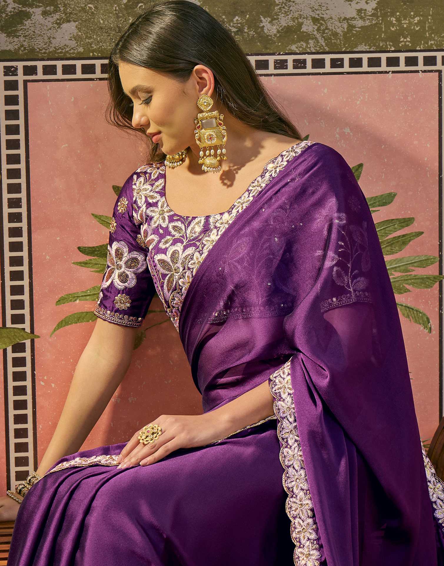 Purple Silk Sequence Embroidery Lace Saree