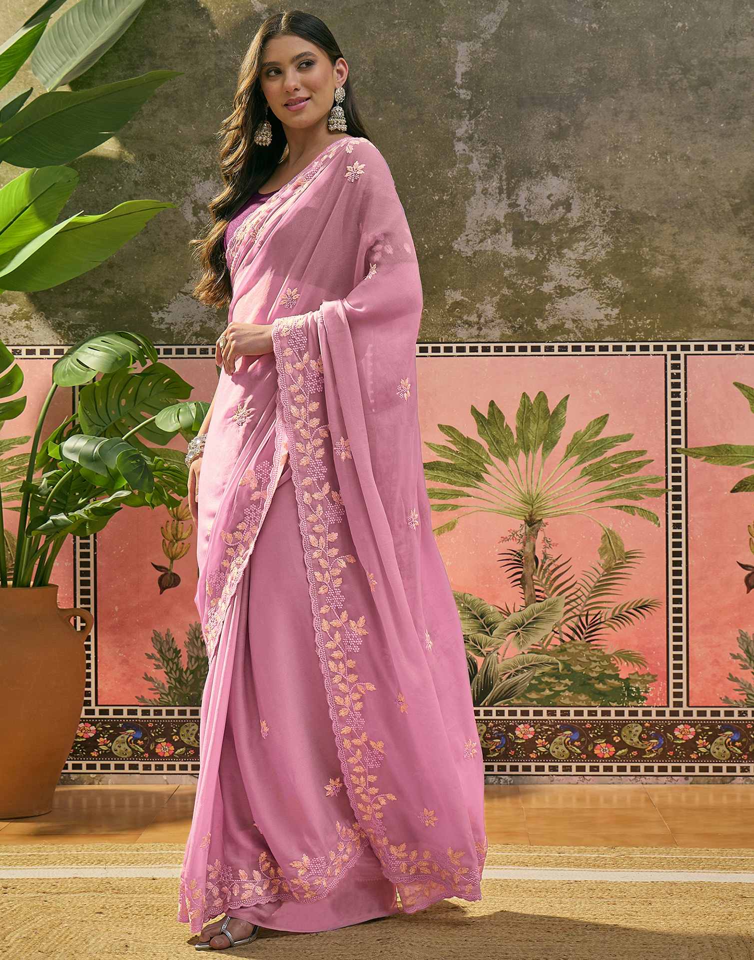Light Pink Shimmer Embroidery Saree