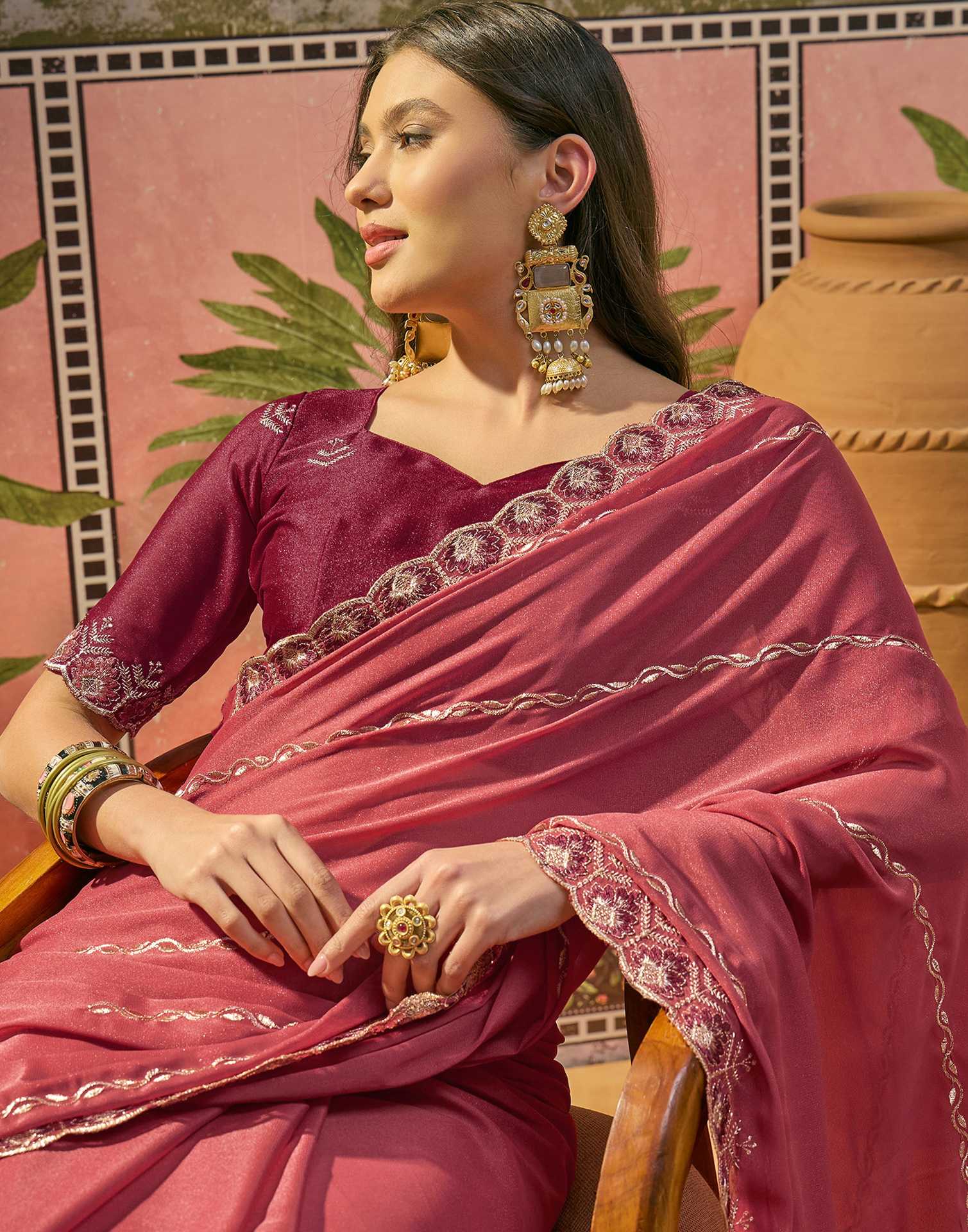 Dark Peach Shimmer Embroidery Saree