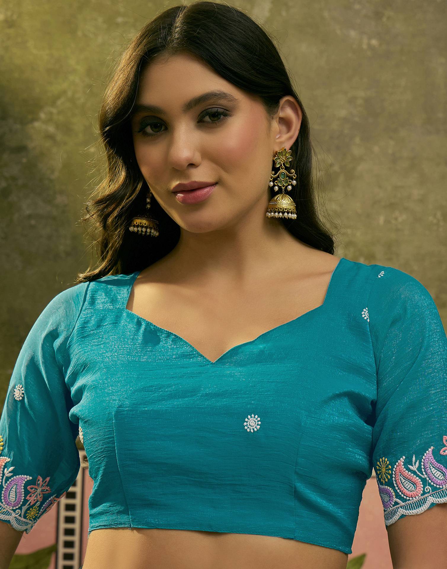 Turquoise Blue Shimmer Embroidery Saree