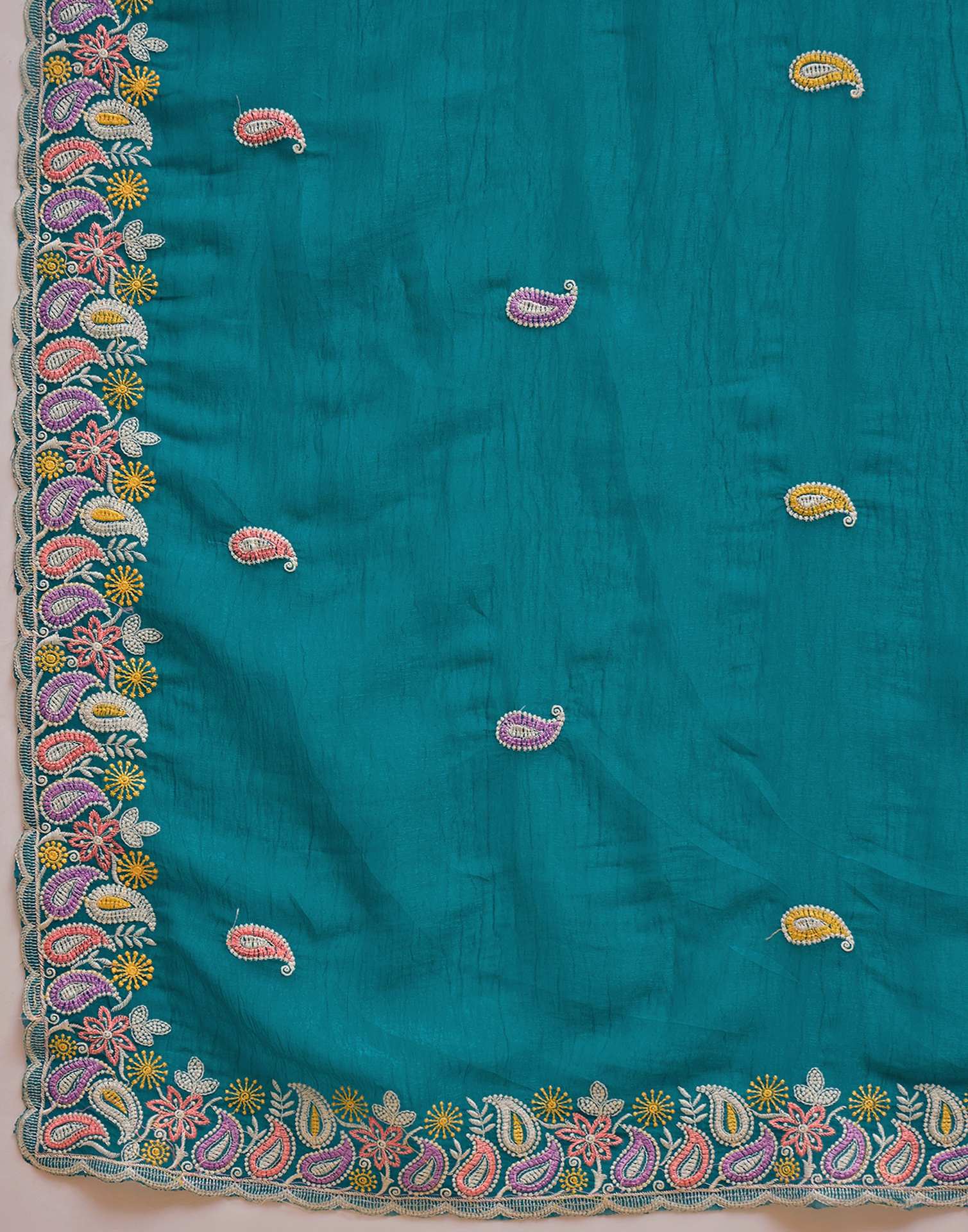 Turquoise Blue Shimmer Embroidery Saree