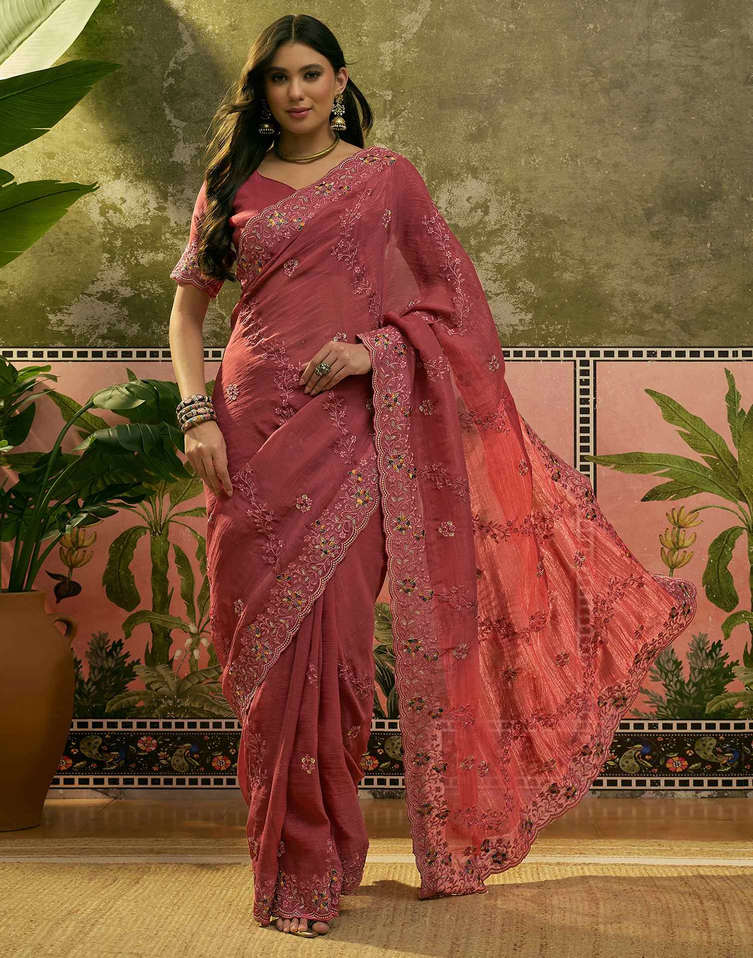 Dusty Rose Pink Shimmer Embroidery Saree