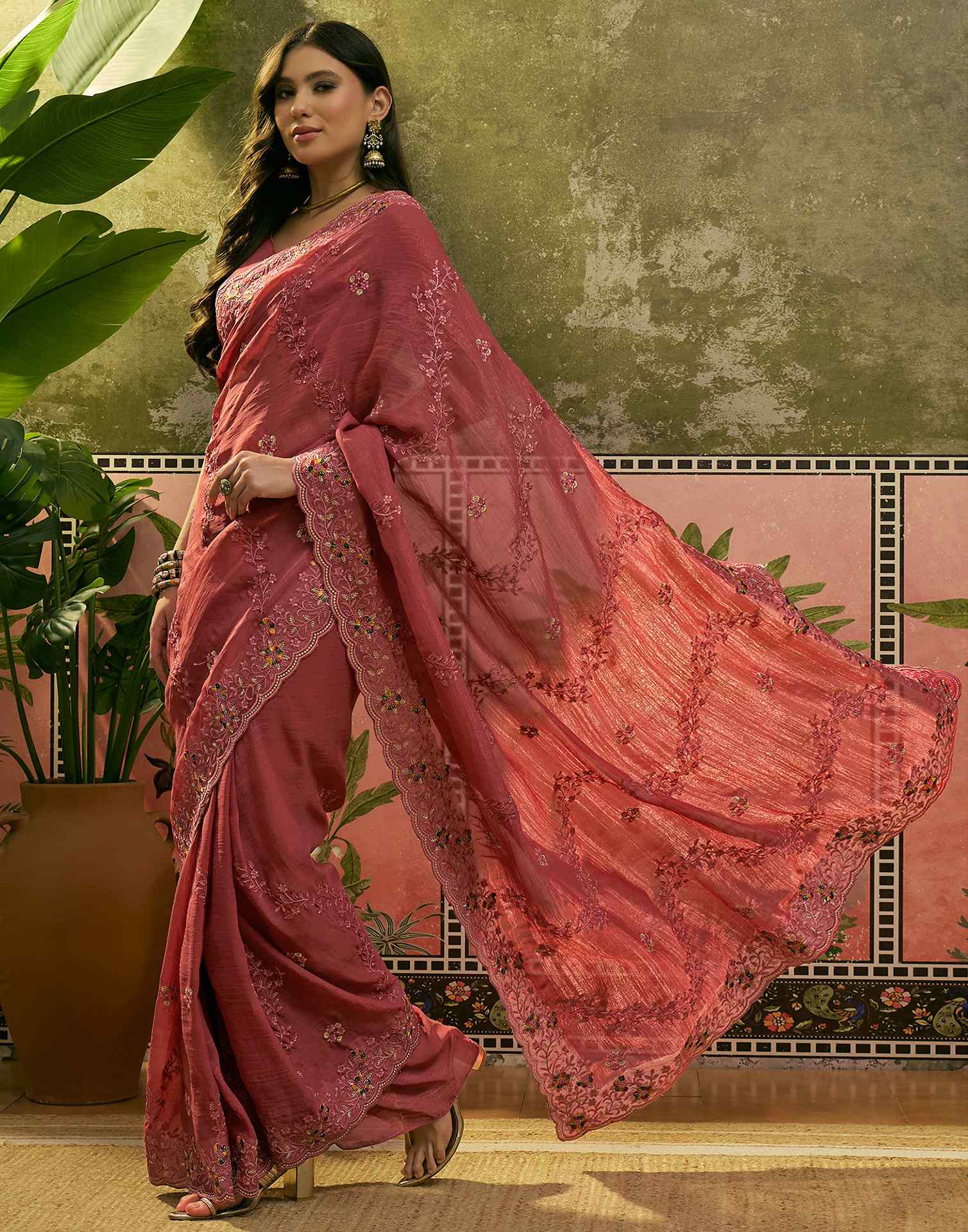 Dusty Rose Pink Shimmer Embroidery Saree