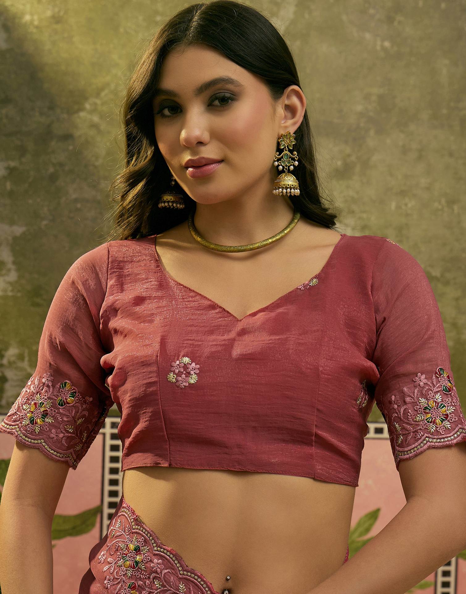 Dusty Rose Pink Shimmer Embroidery Saree