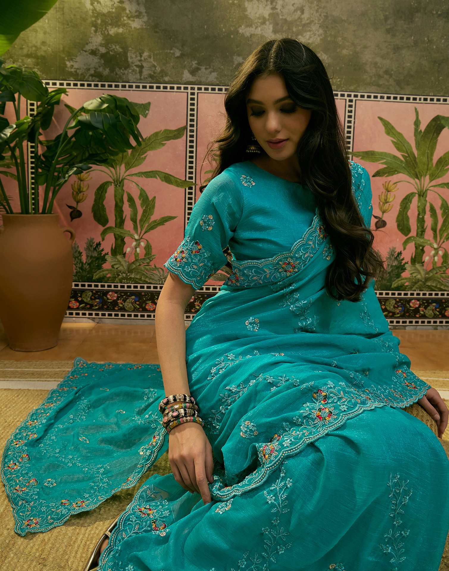 Turquoise Shimmer Embroidery Saree