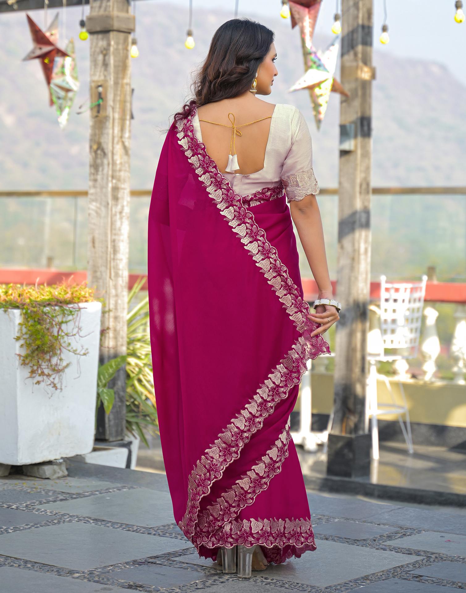 Rani Pink Shimmer Georgette Embroidery Saree