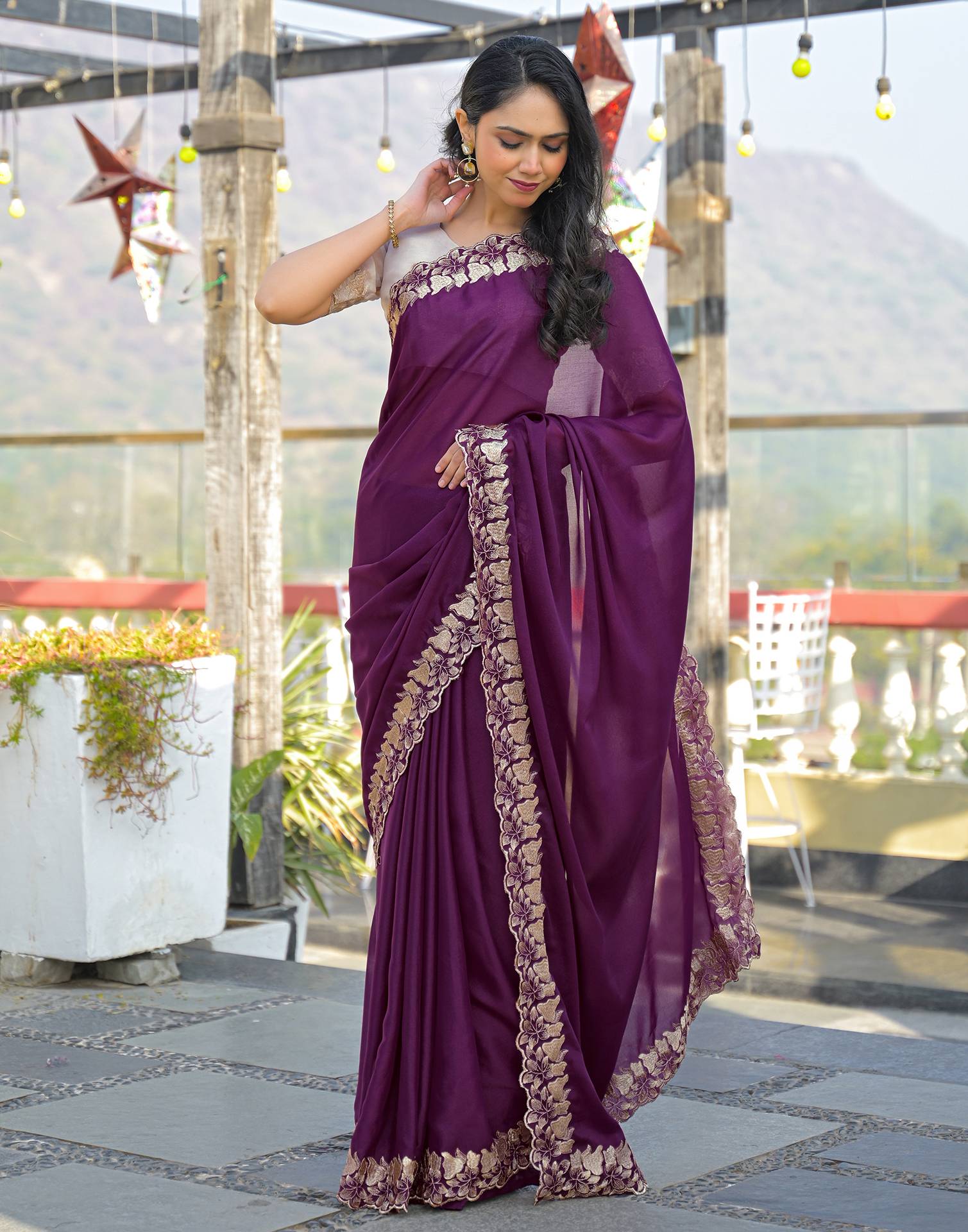 Wine Shimmer Georgette Embroidery Saree