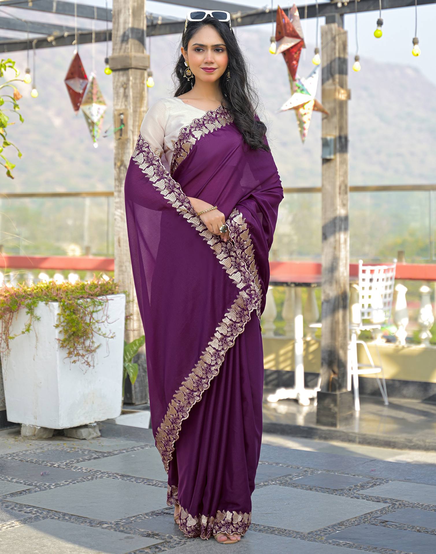Wine Shimmer Georgette Embroidery Saree