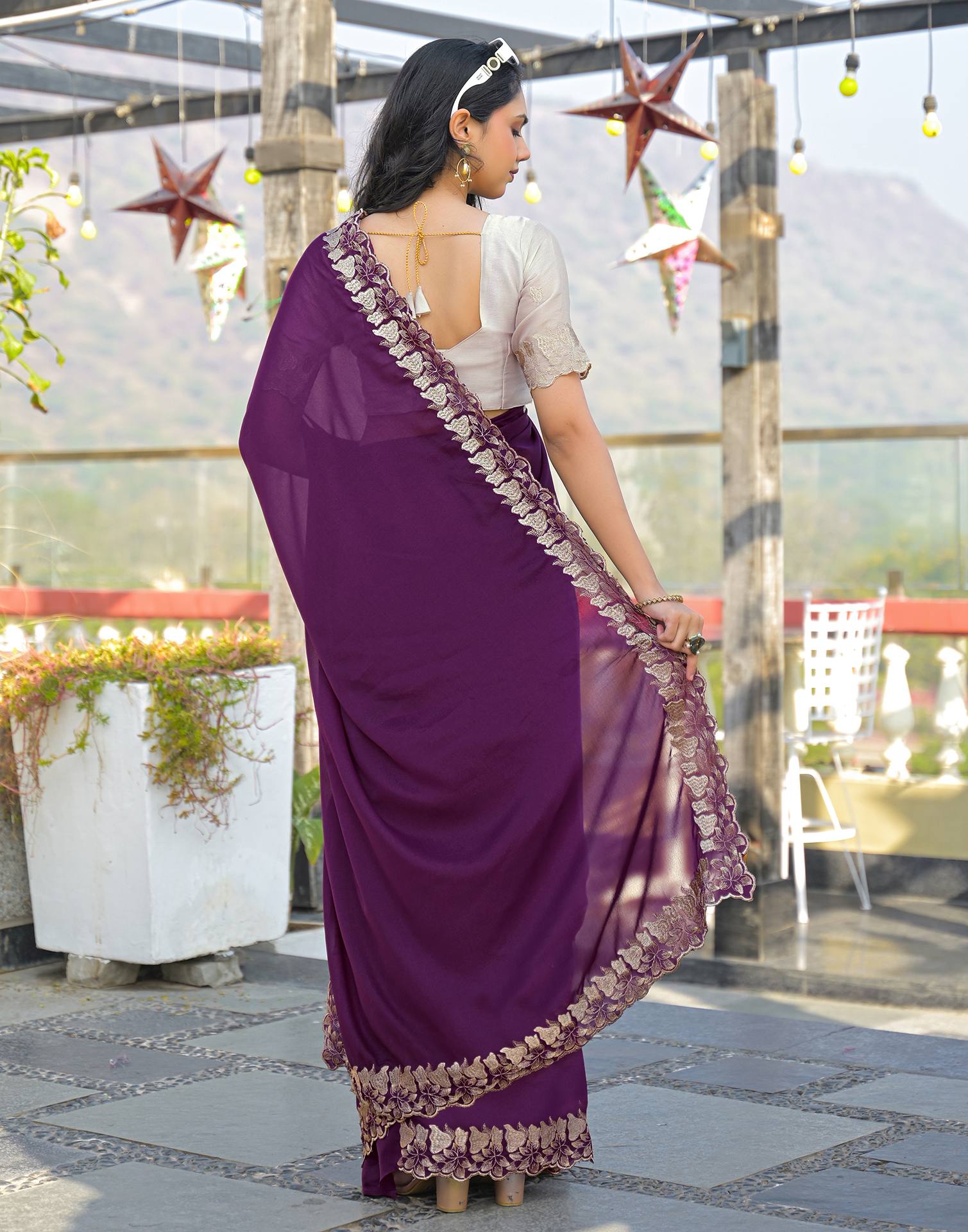 Wine Shimmer Georgette Embroidery Saree