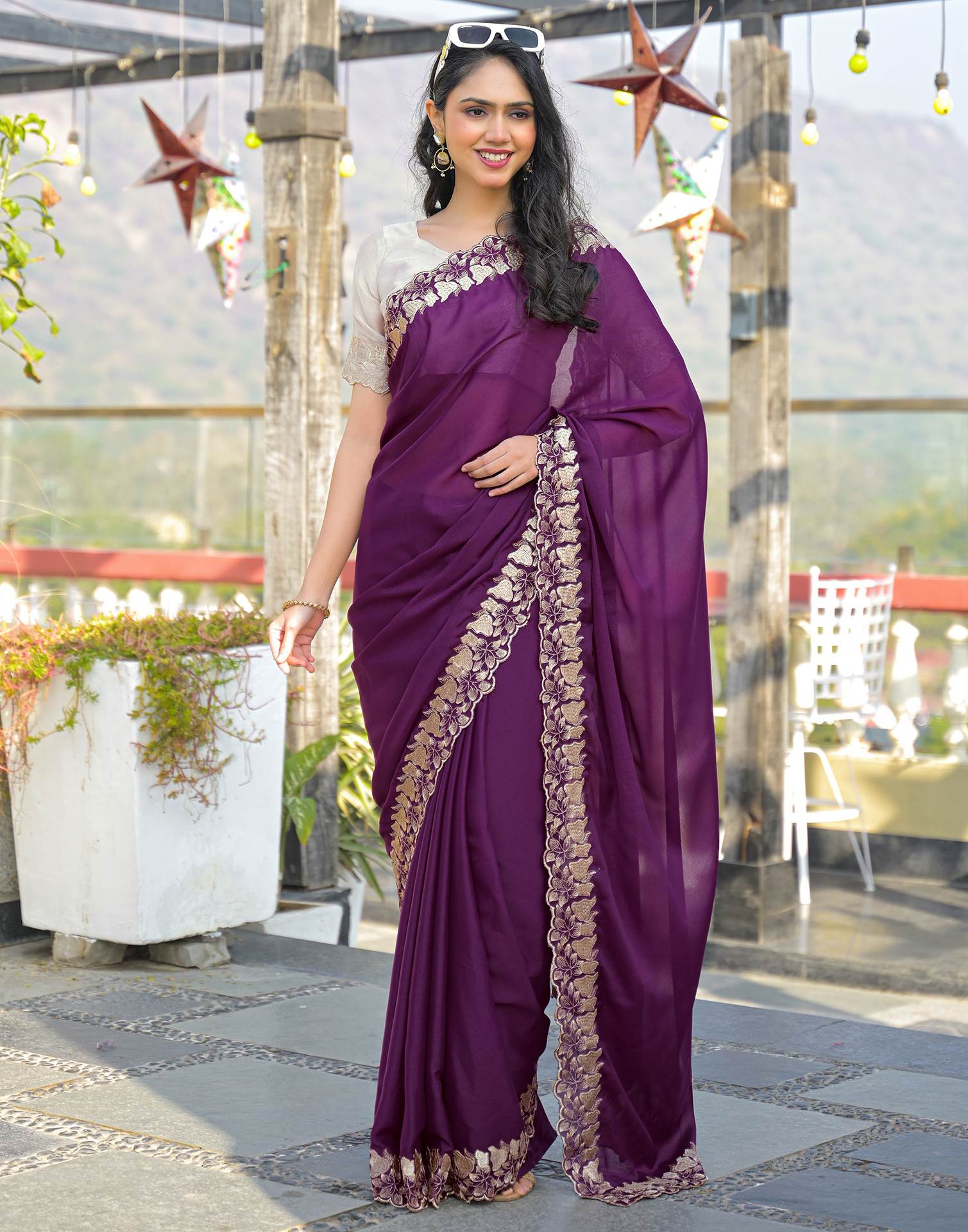 Wine Shimmer Georgette Embroidery Saree