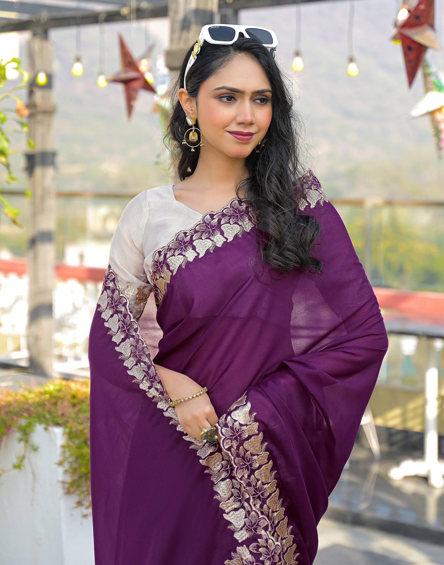 Wine Shimmer Georgette Embroidery Saree