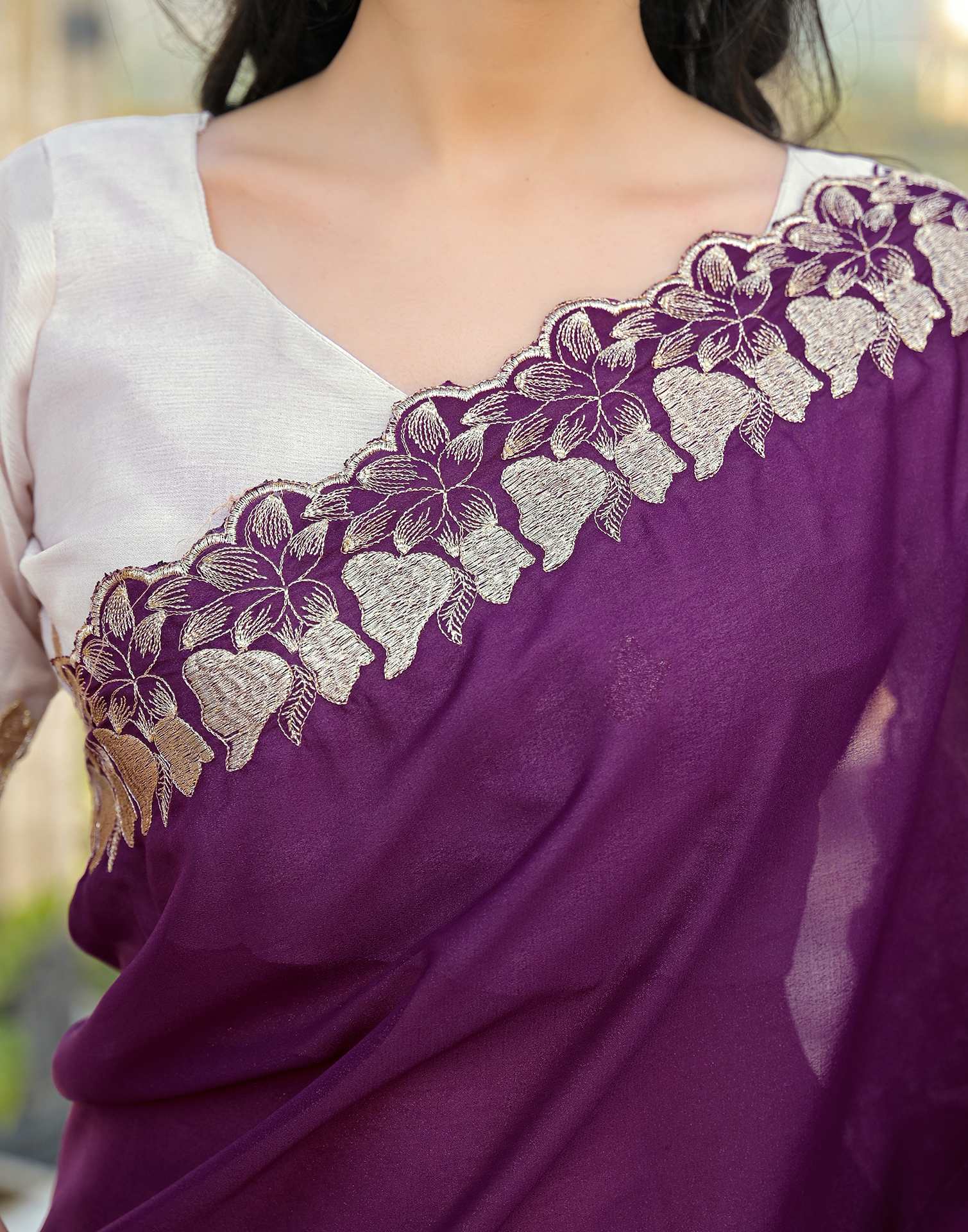 Wine Shimmer Georgette Embroidery Saree