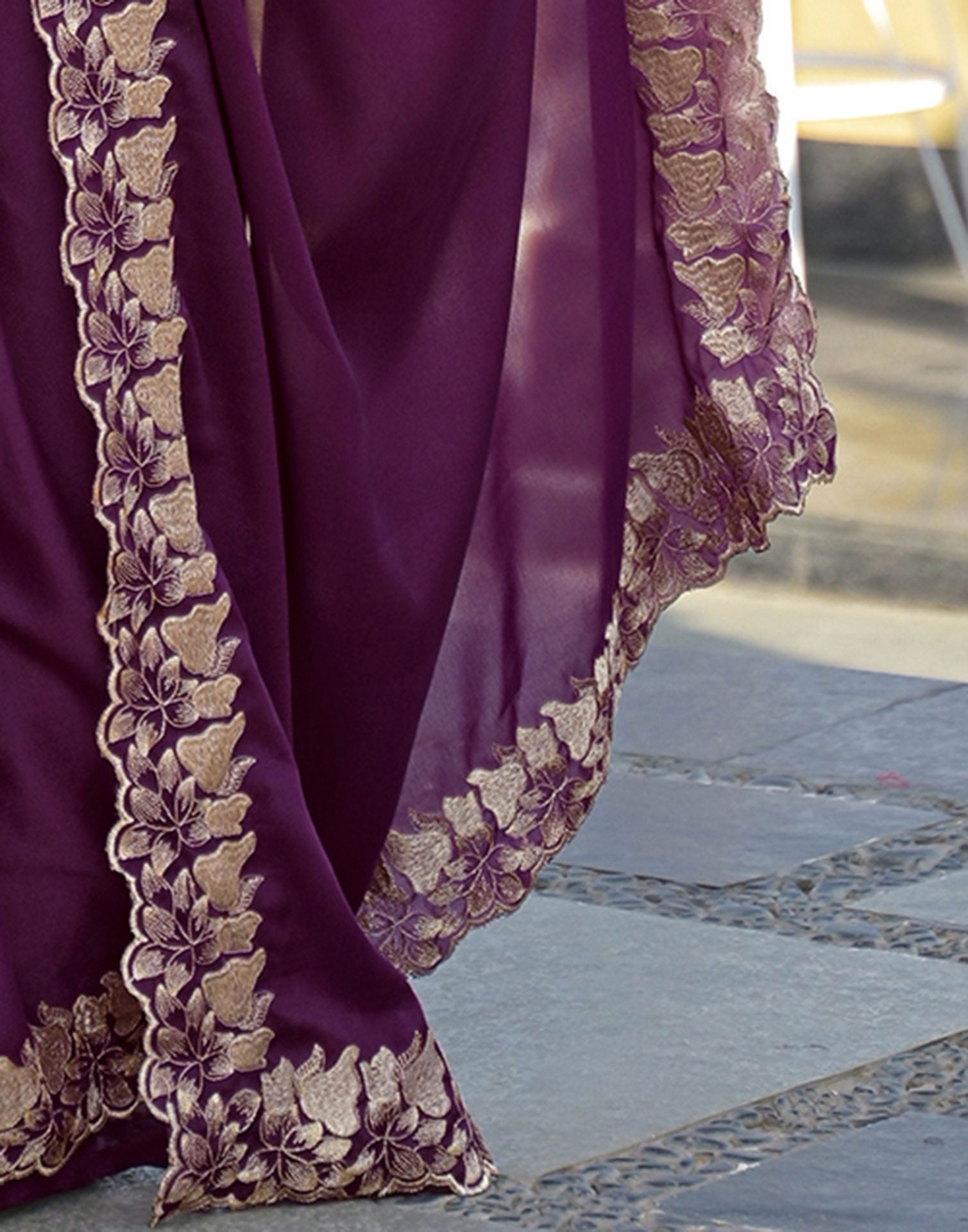 Wine Shimmer Georgette Embroidery Saree