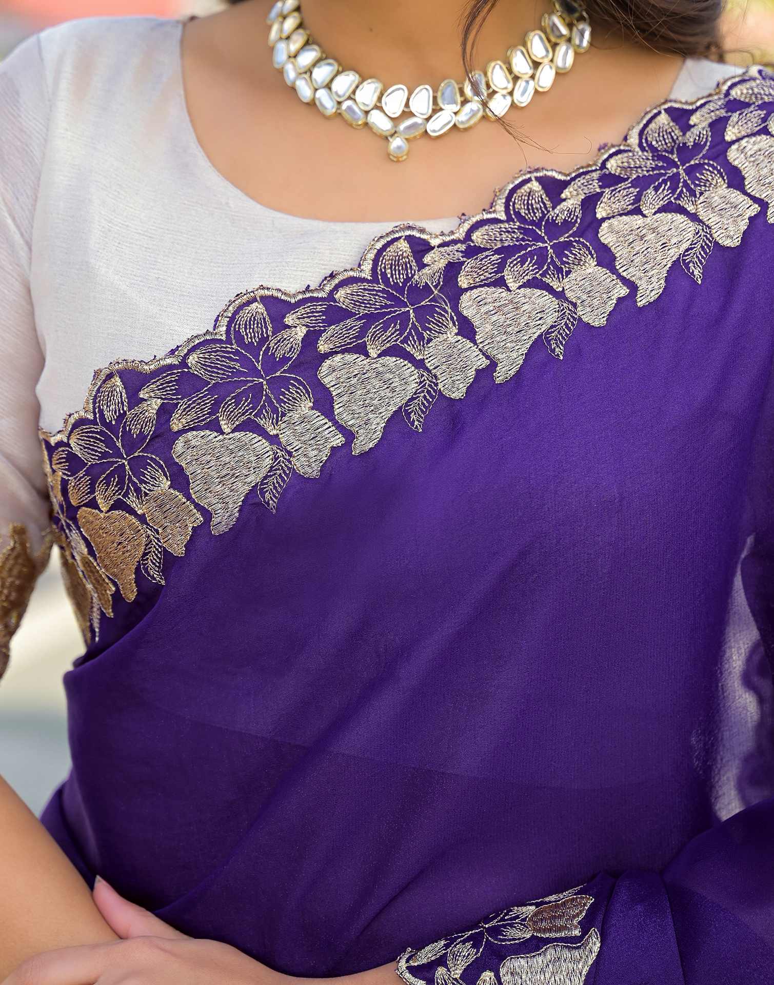 Purple Shimmer Georgette Embroidery Saree