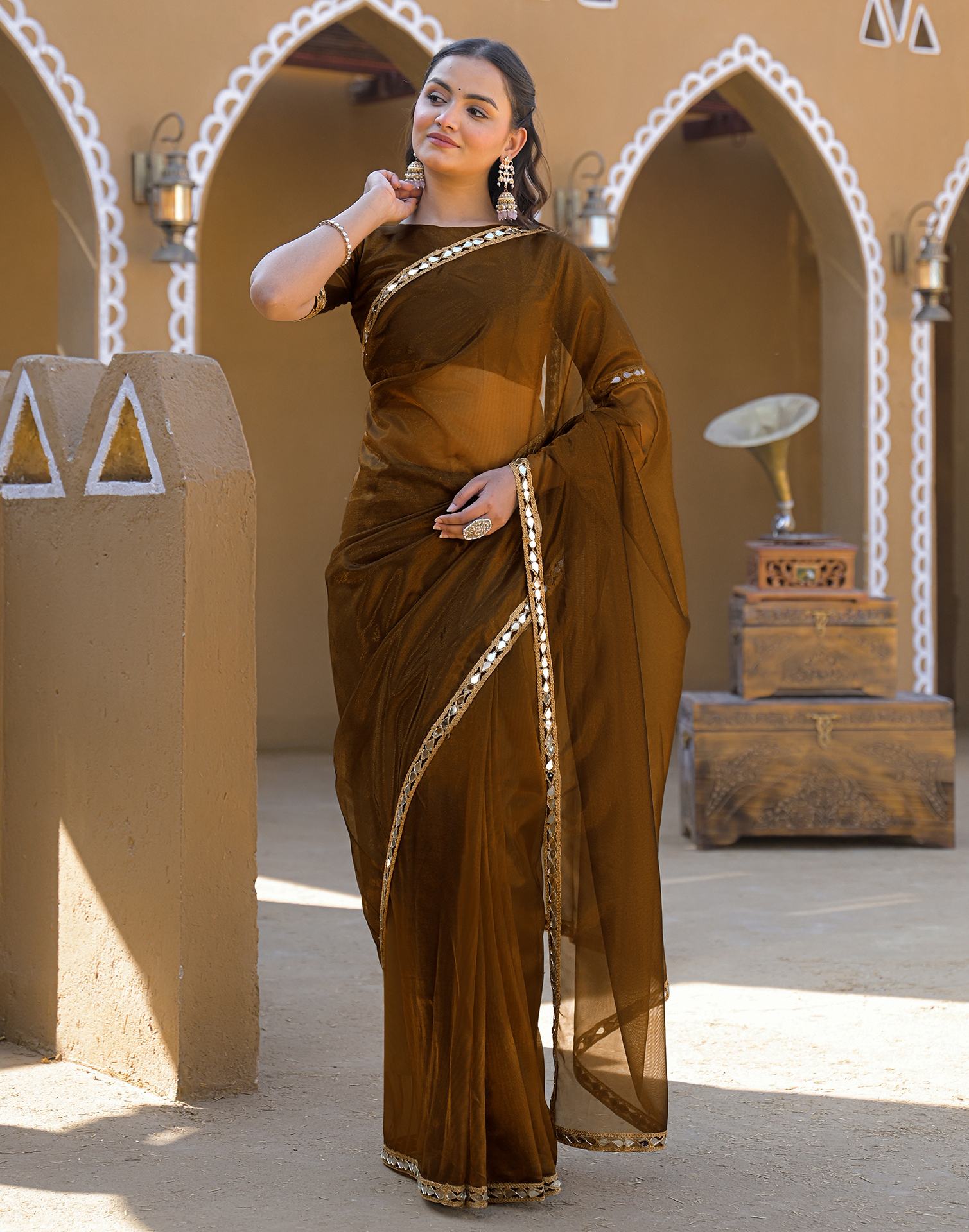 Coffee Brown Net Mirror Work Lace Saree