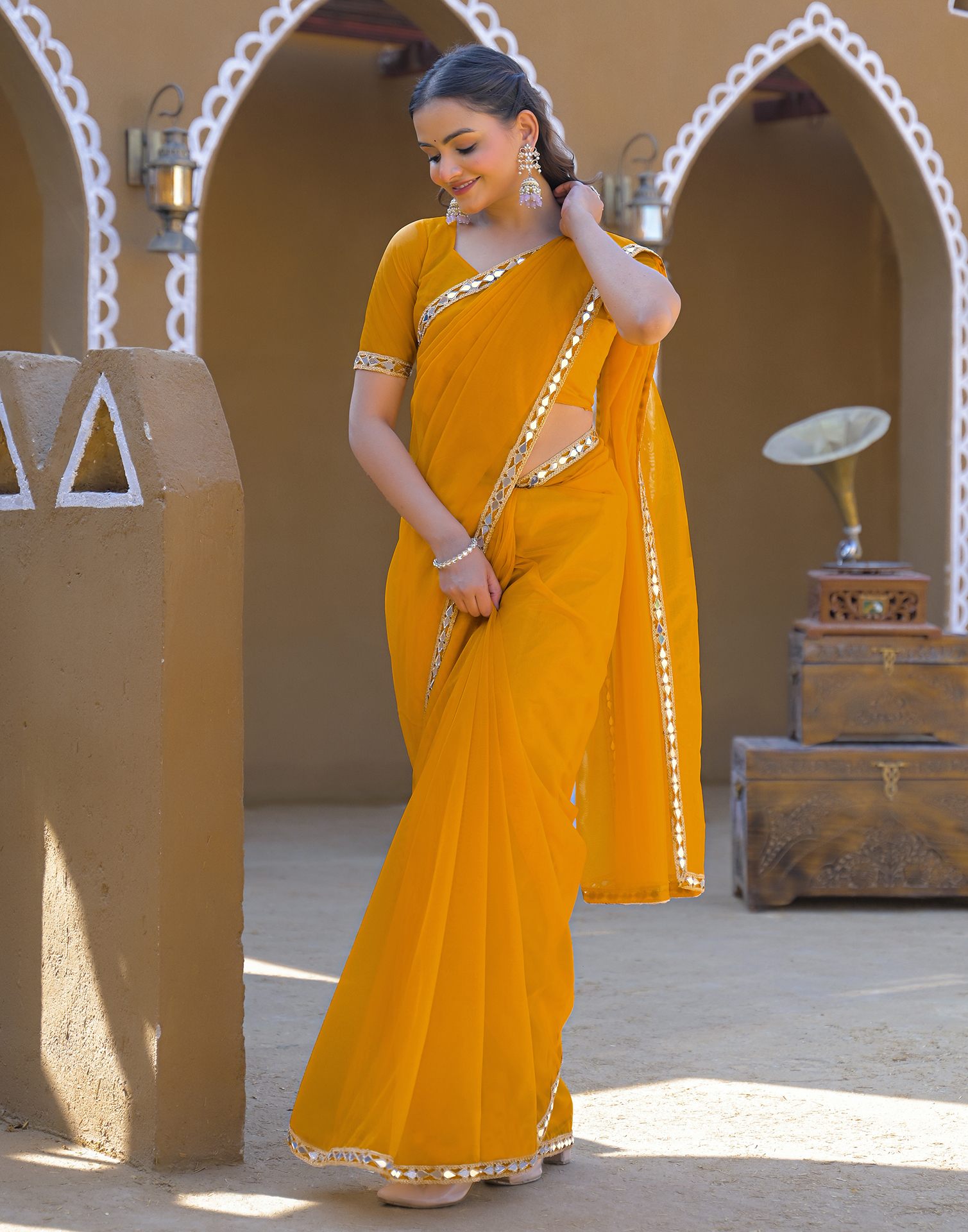 Yellow Net Mirror Work Lace Saree