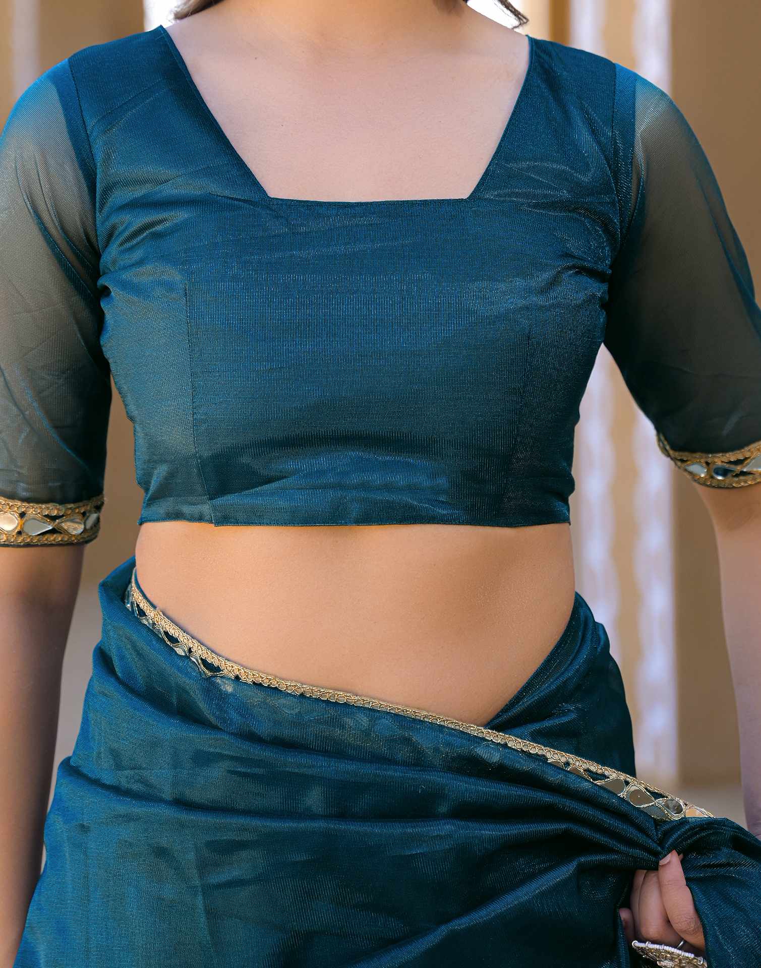 Rama Blue Net Mirror Work Lace Saree