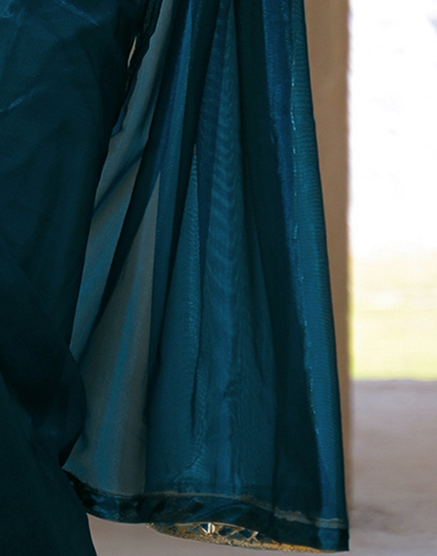 Rama Blue Net Mirror Work Lace Saree