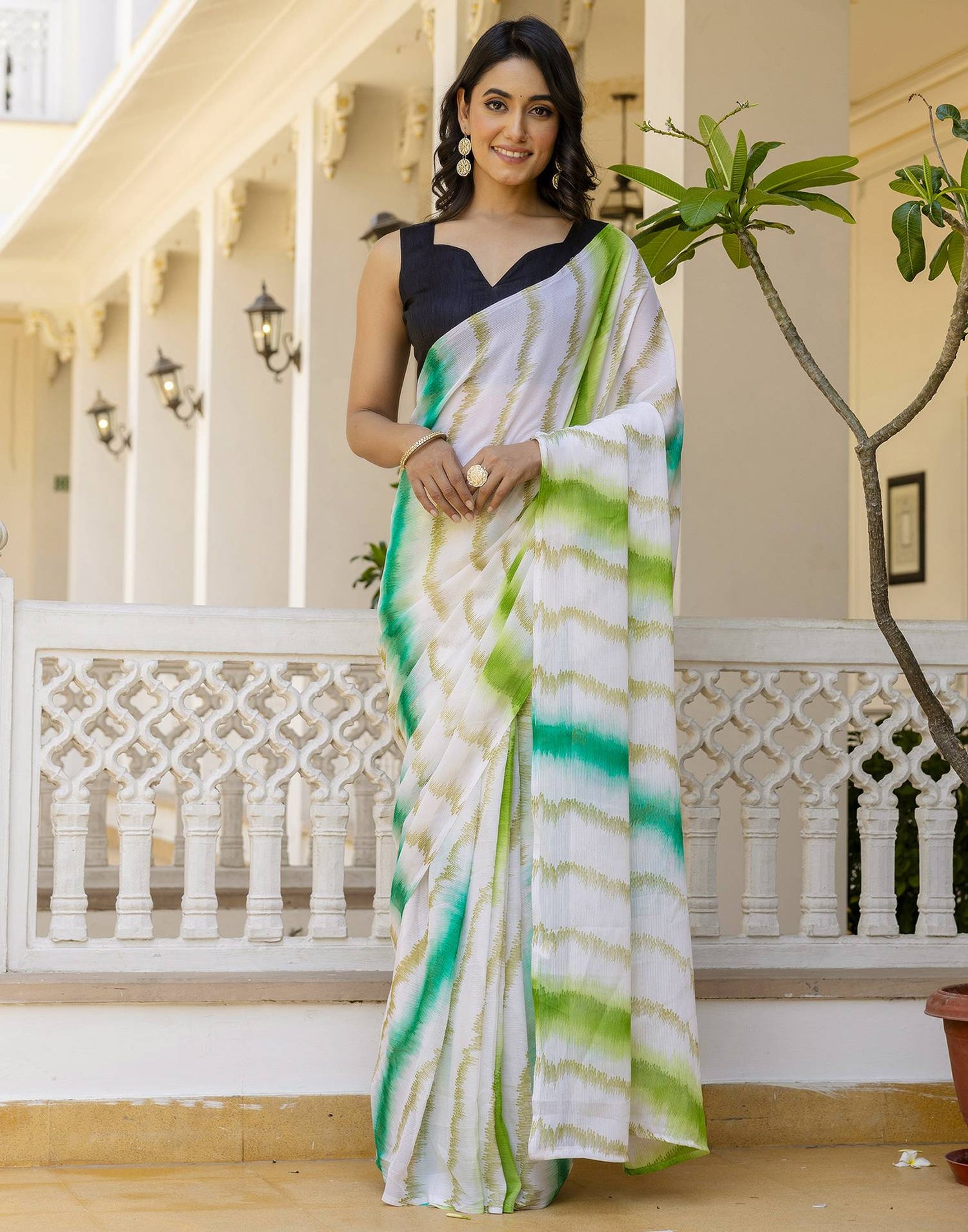 Ready To Wear White Georgette Printed Saree