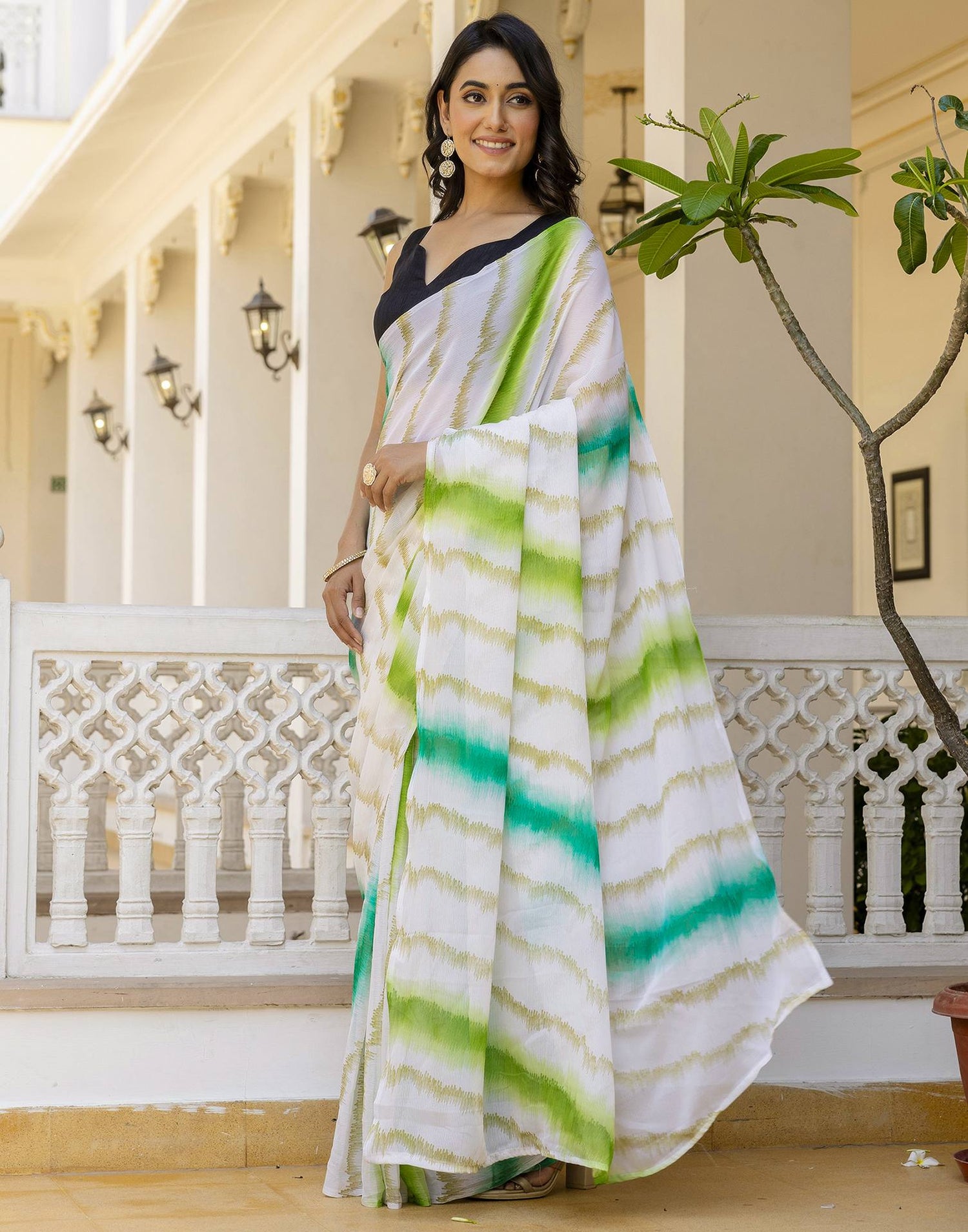 Ready To Wear White Georgette Printed Saree