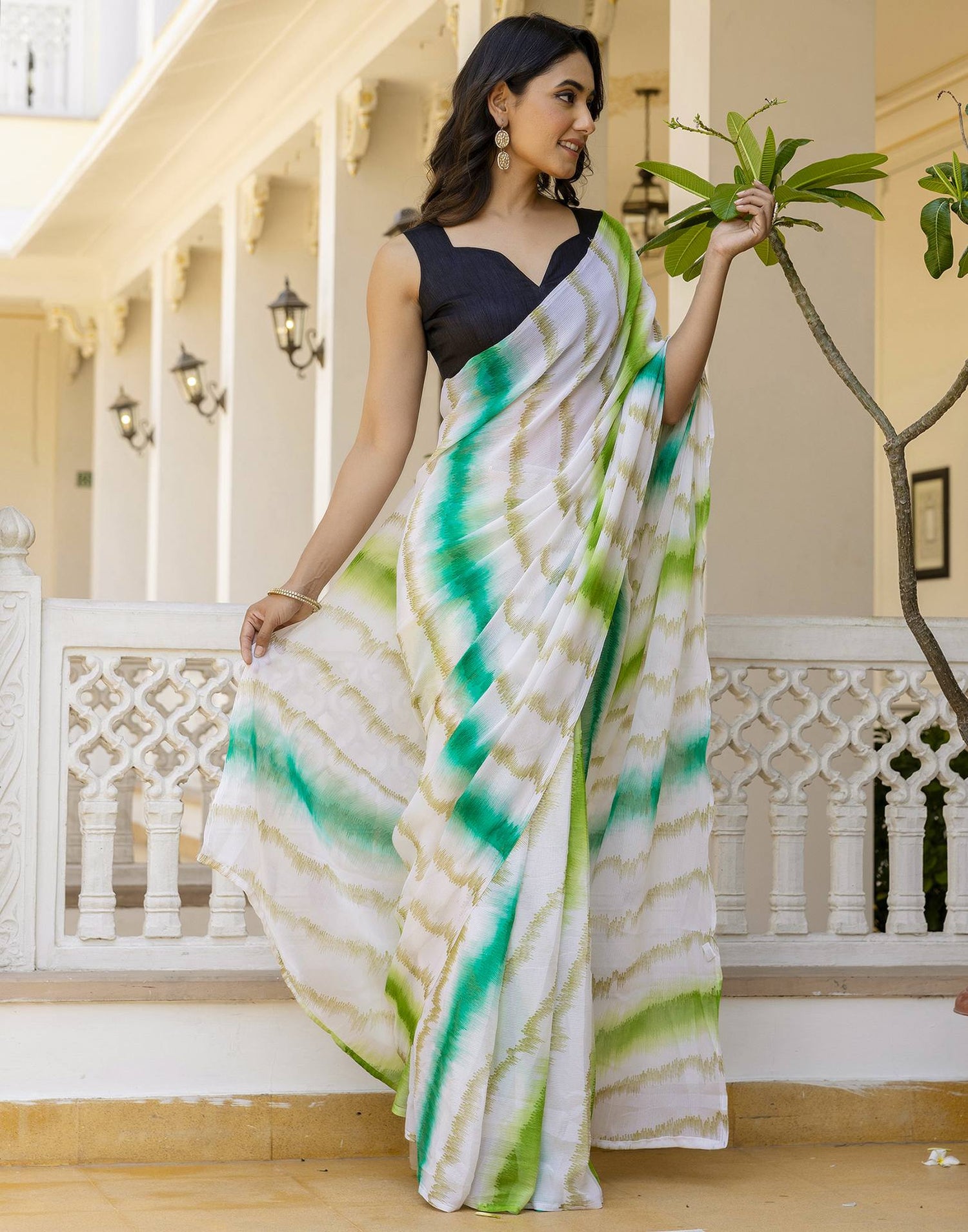 Ready To Wear White Georgette Printed Saree