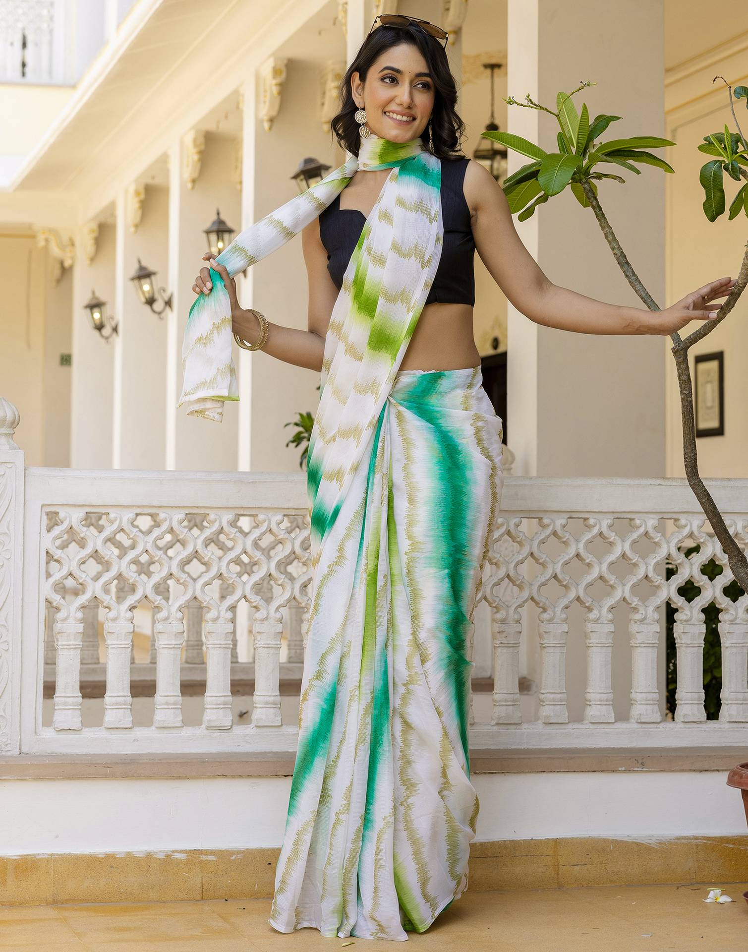 Ready To Wear White Georgette Printed Saree