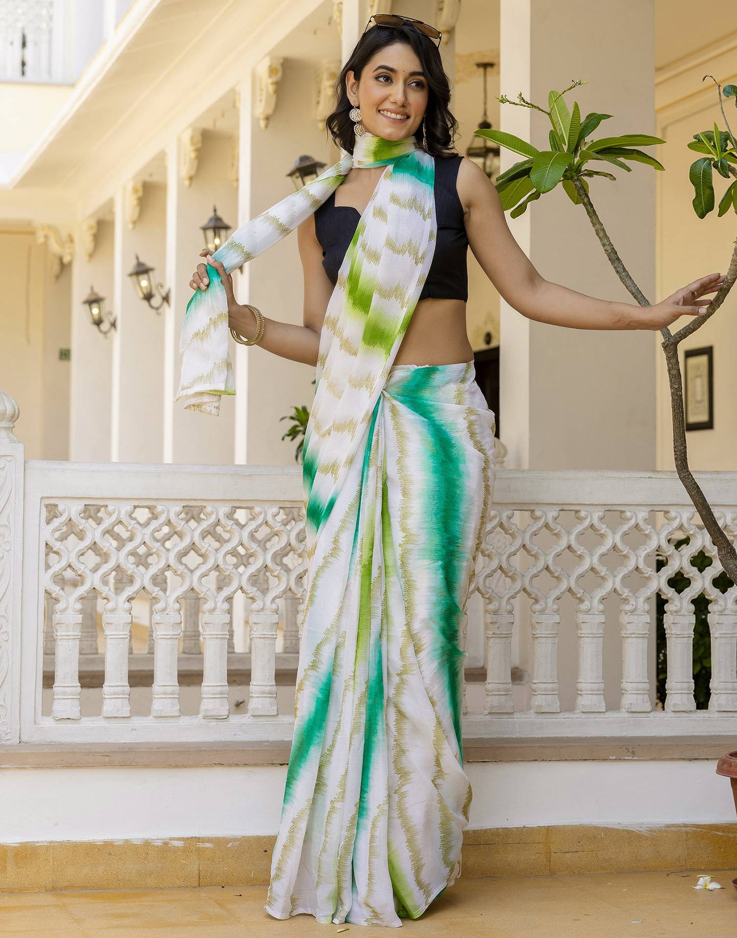Ready To Wear White Georgette Printed Saree
