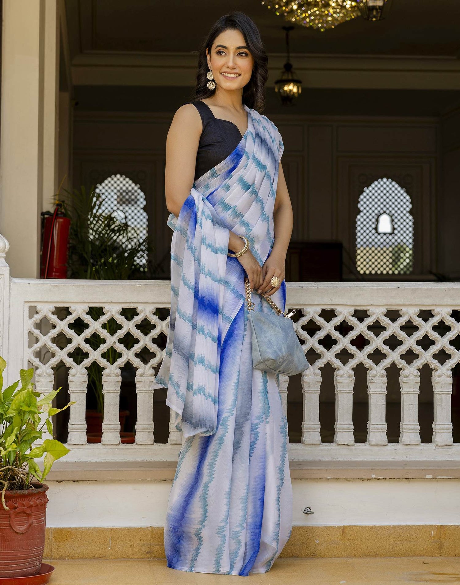 Ready To Wear White Georgette Printed Saree