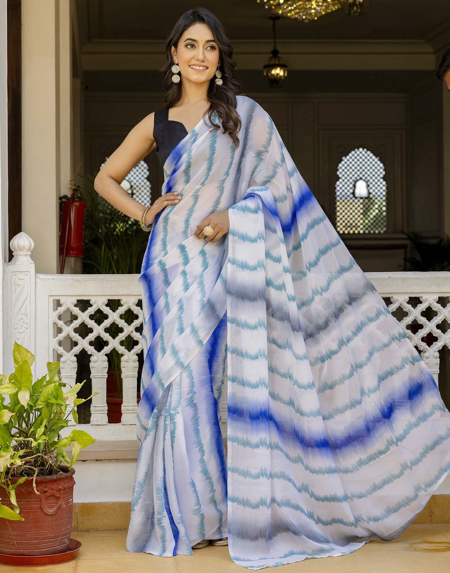 Ready To Wear White Georgette Printed Saree