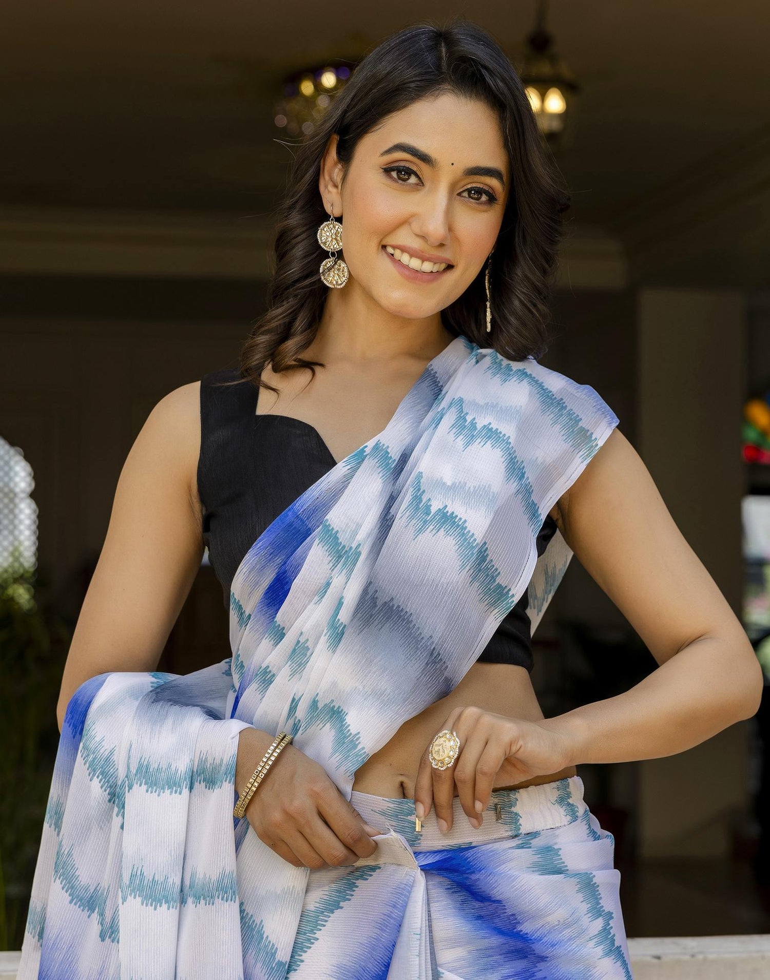 Ready To Wear White Georgette Printed Saree