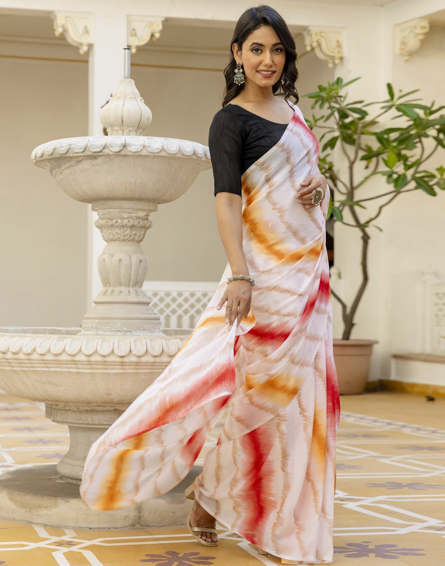 Ready To Wear White Georgette Printed Saree